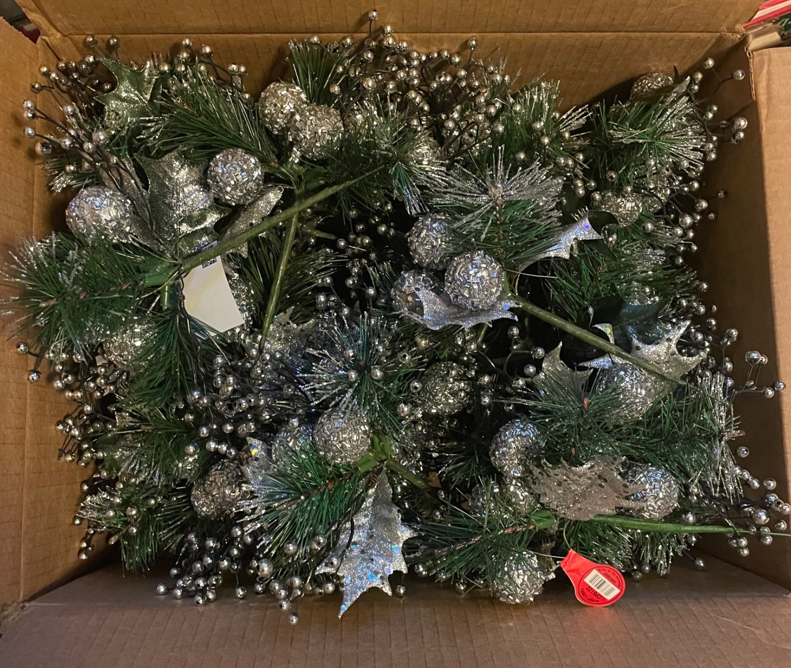 24 Pcs,Floral Pick Lot, Green Artificial Pine Needles & Silver Glittery Accents