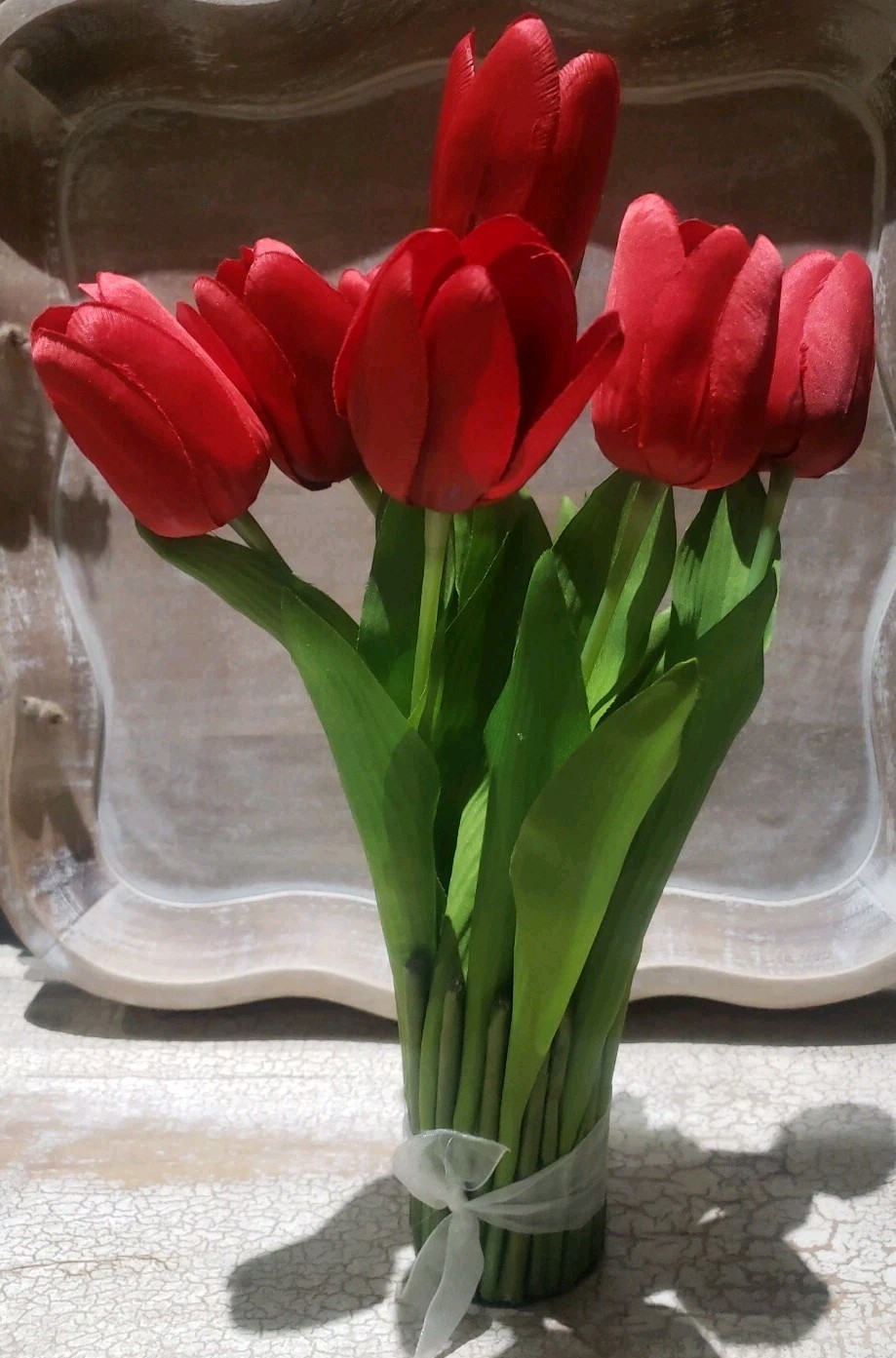 7 STEMS Red Tulips Green Display Faux Arrangement CENTERPIECE 15″ Tall
