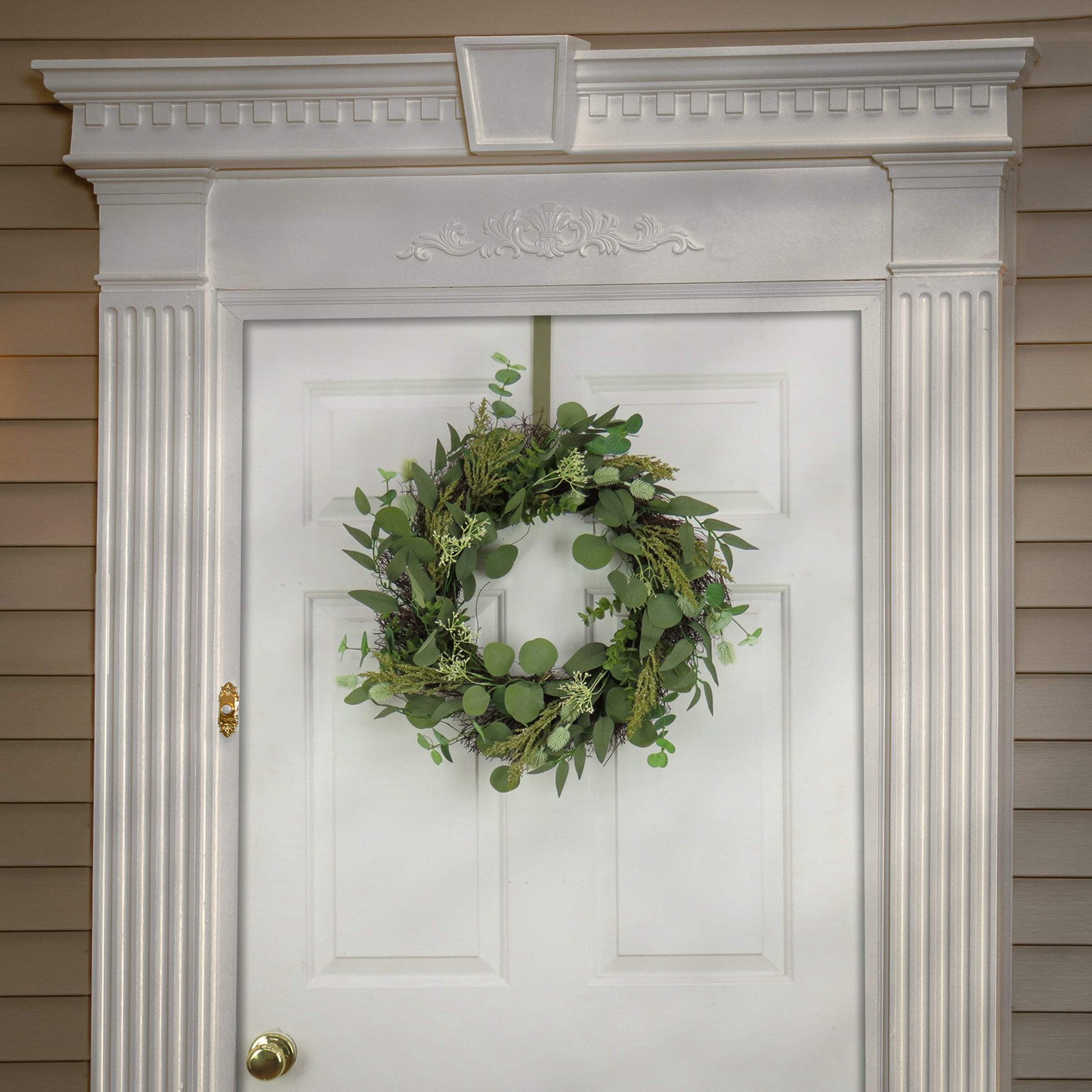 22 in. Spring Wreath with Eucalyptus Leaves, Baby’s Breath, Flowing Green Stems