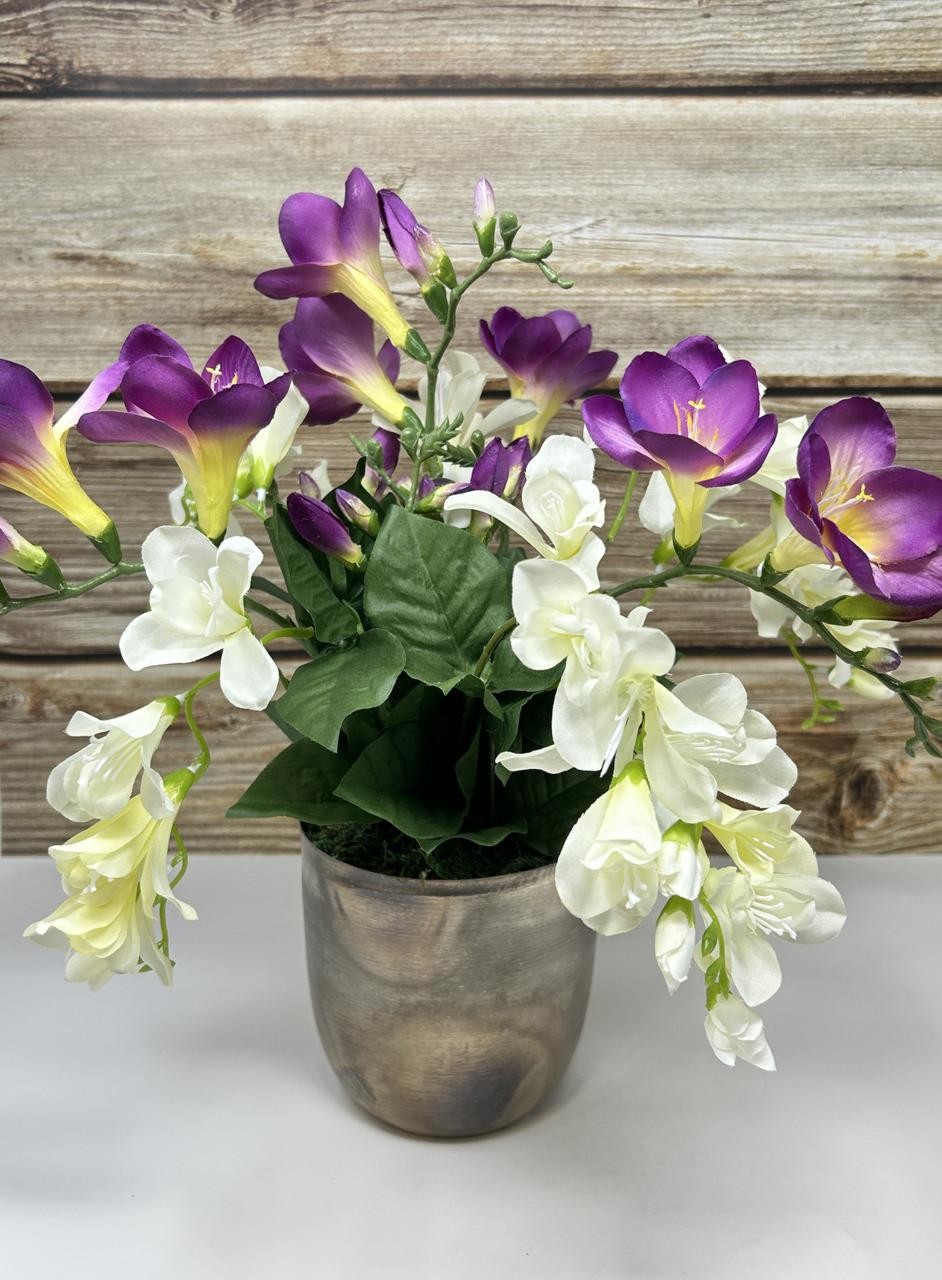 15″ Silk White & Purple FREESIA flowers in 5″ rustic Silver Metal Pot, handmade