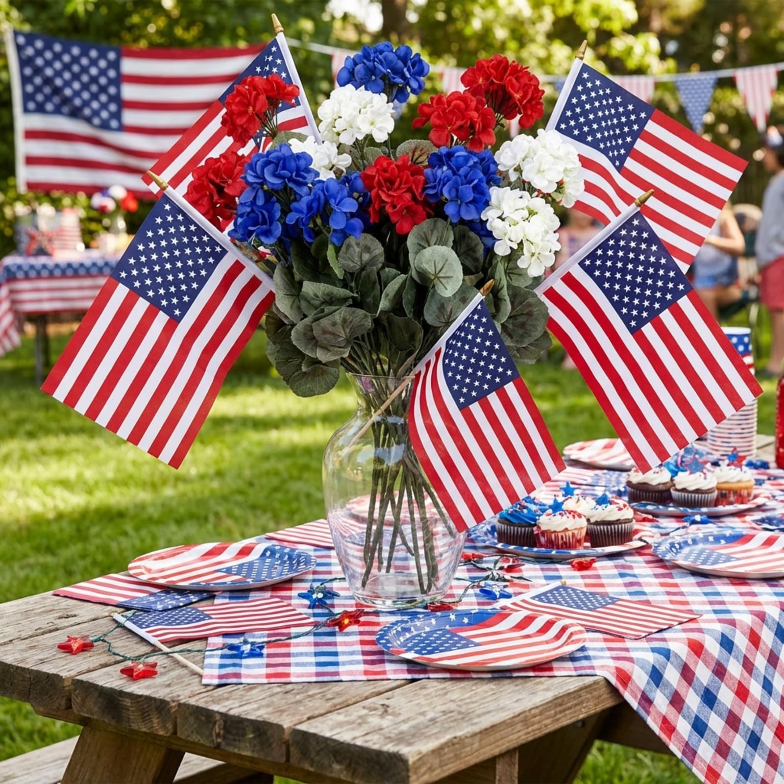 12 pcs Red White Blue Artificial Geraniums with Flag for Decoration