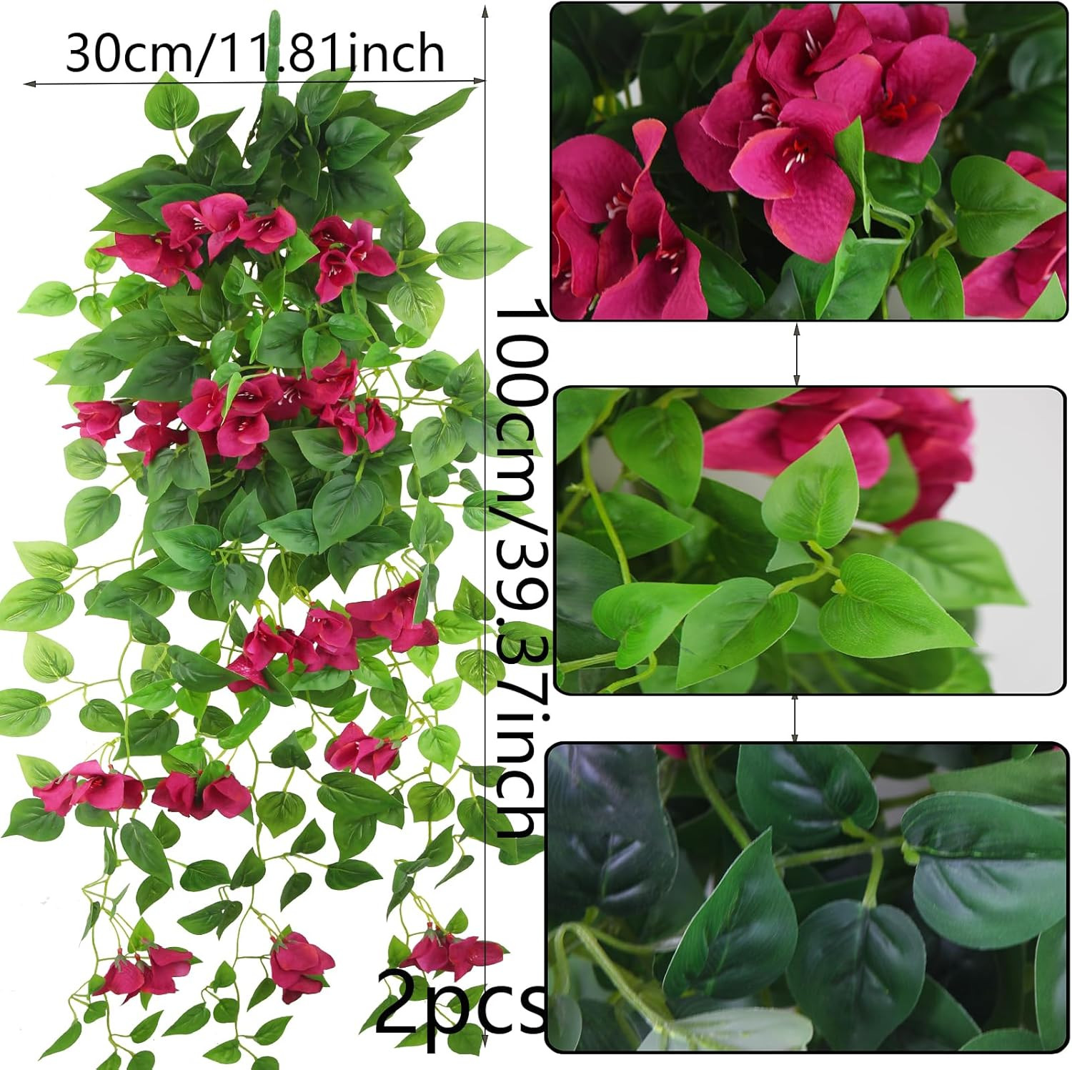 2 Pcs Artificial Hanging Flowers for Outdoors Bougainvillea Artificial Vines Ros