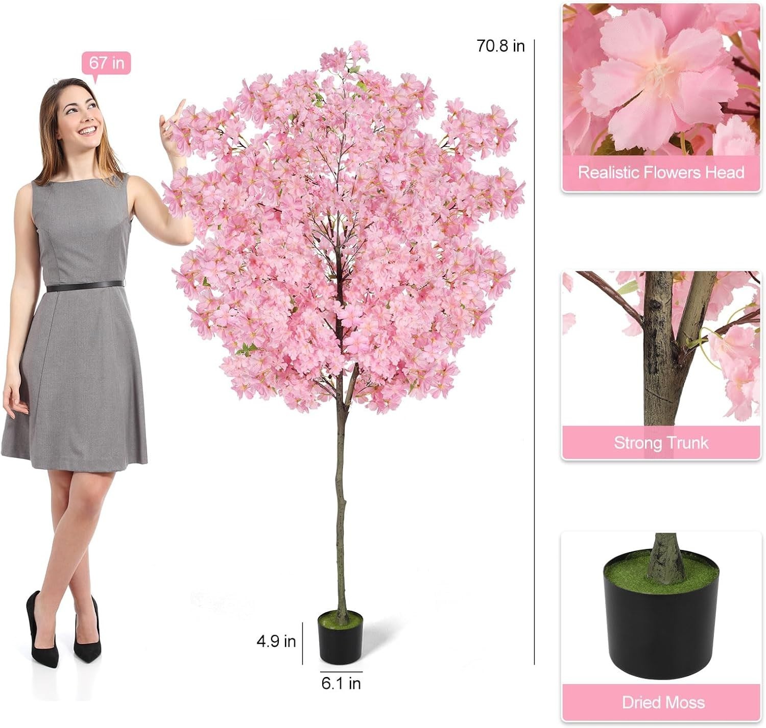 6Ft Tall Cherry Blossom Artificial Tree,Fake Pink Cherry Blossom Tree,Lifelike