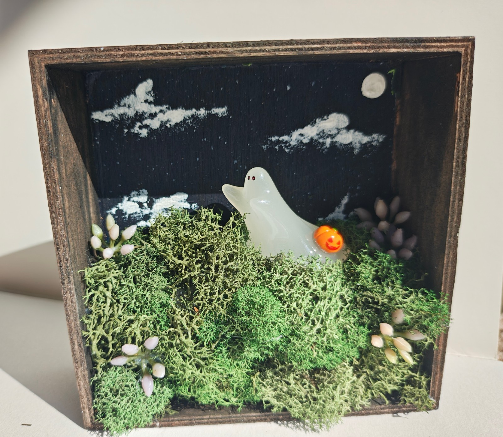 Gothic Ghost Night Sky Wood Art, Mossy Hill Moon, Preserved Moss 4x4x1.25 In
