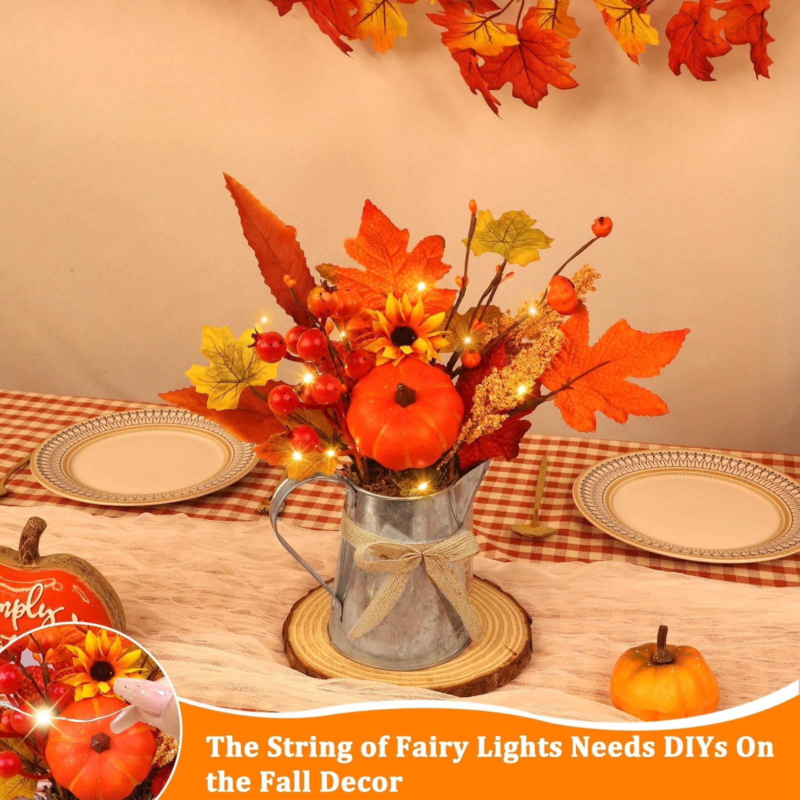 [Light & Timer] Fall Decor Table Centerpiece Rustic Metal Milk Jug with Artif…