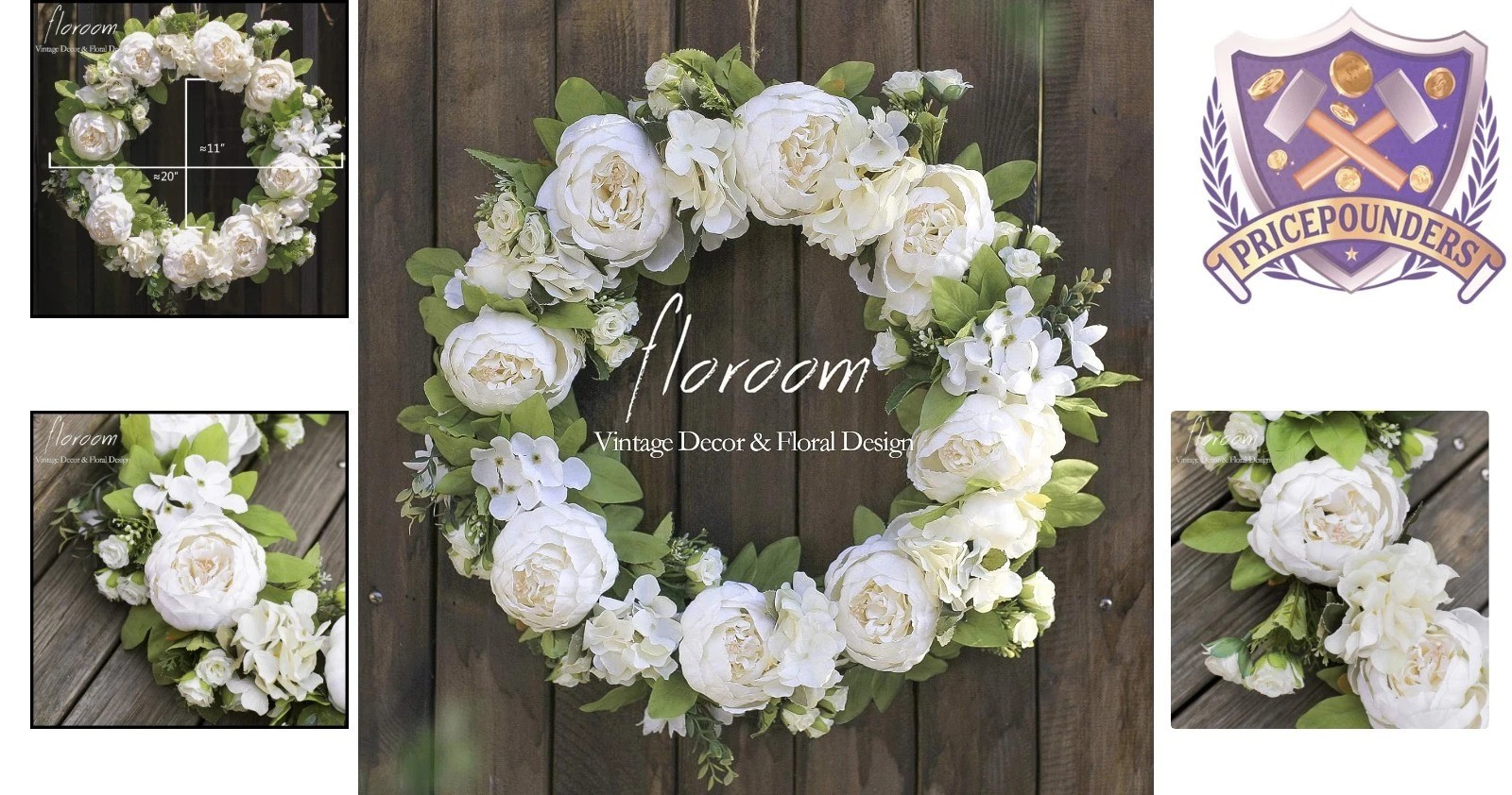 Artificial 20-Inch White Peony Hydrangea Wreath for Front Door Wall Decor