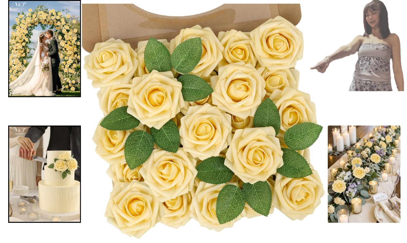Elegant 25Pcs Artificial Goose Yellow Roses with Leaves for Festive Arrangements