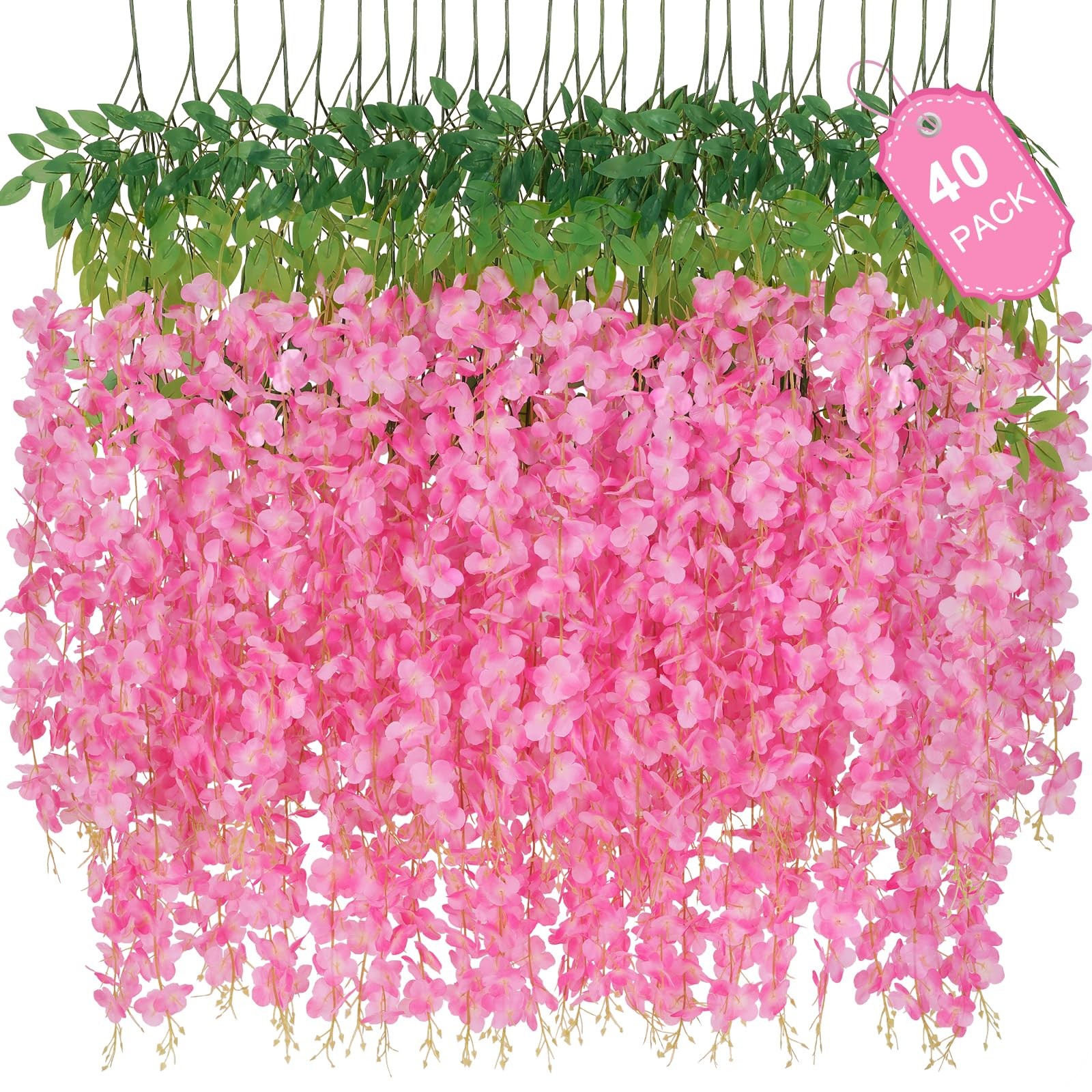 40 PCS 3.6 Ft Pink Artificial Wisteria Hanging Flowers Fake Vines Party Decor