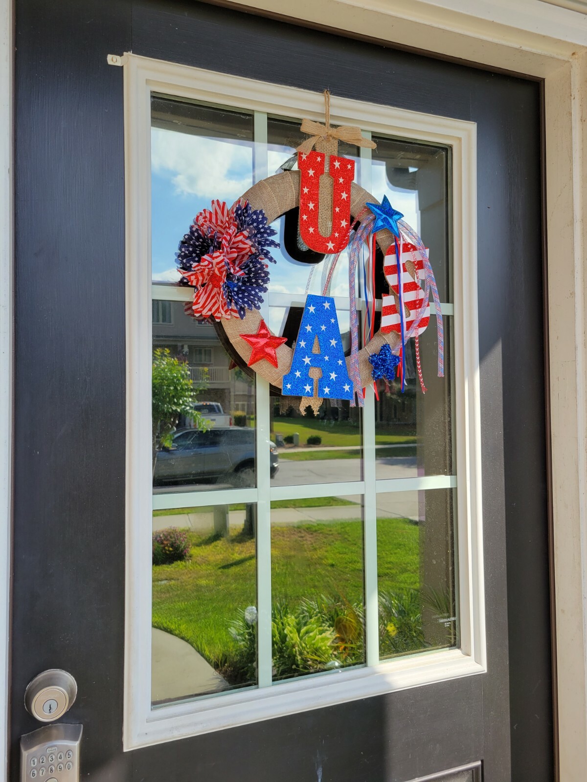 USA sparkling red white blue burlap Door WREATH patriotic 4th of July fireworks