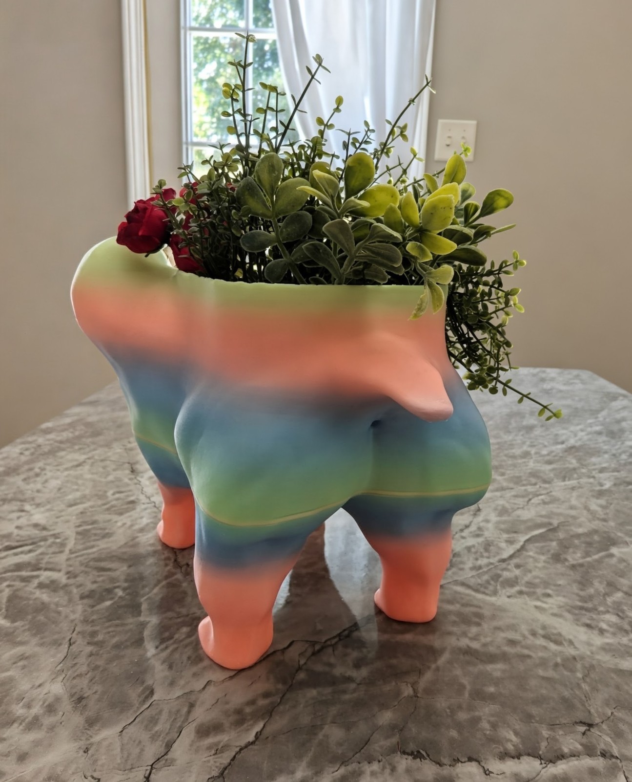 Whimsical Rainbow Dog Planter with Human Face
