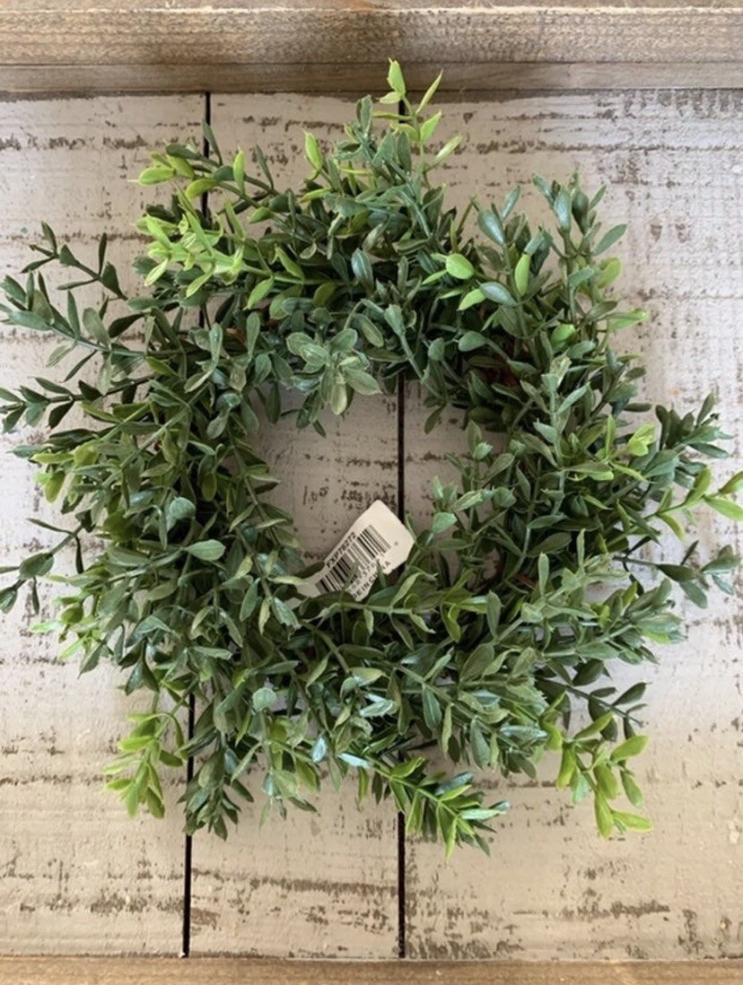 New England Boxwood Candle Ring Wreath – Faux 7” Farmhouse Decor