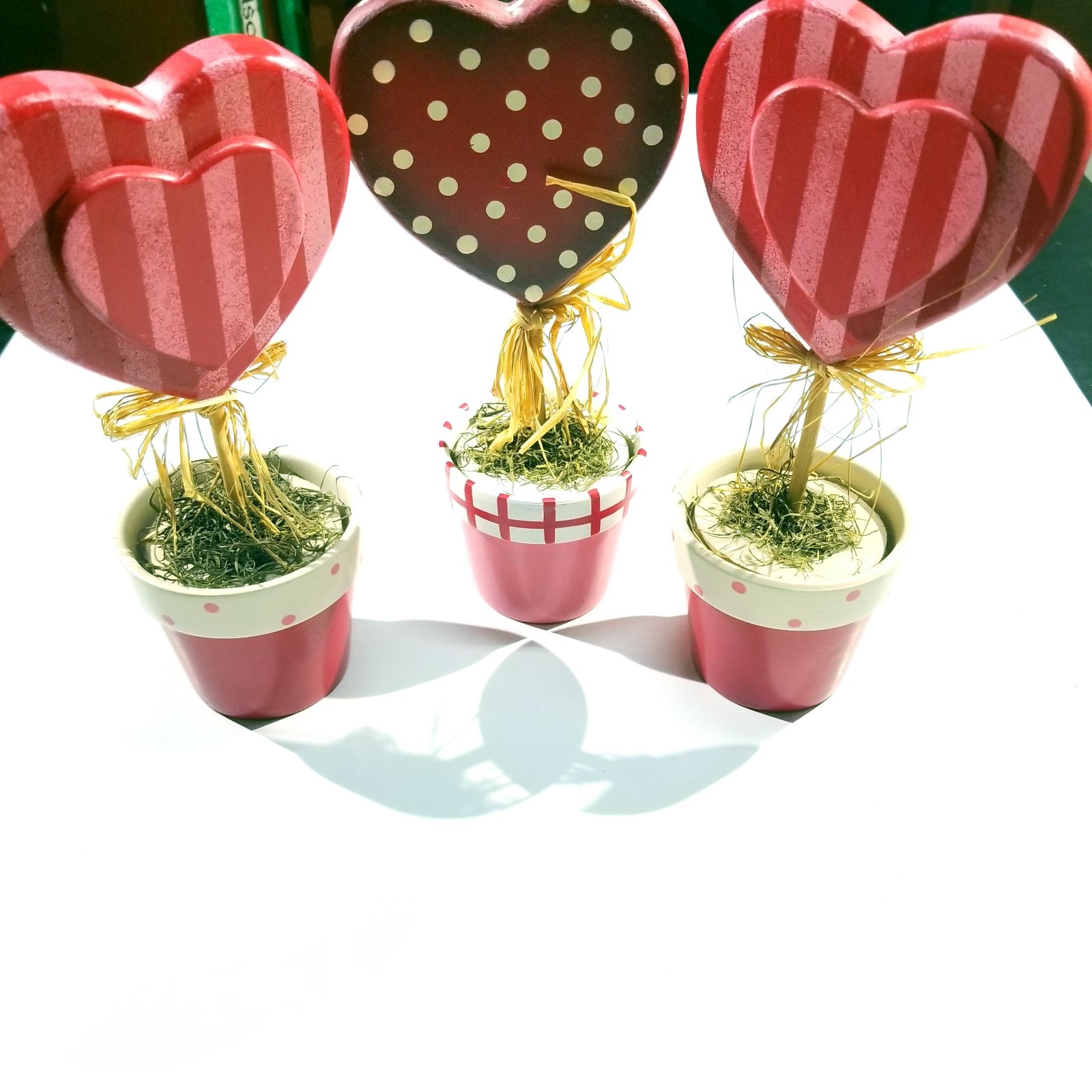 Lot of 3 Heart Topiary Decor Red Pink Polka Dot Striped Pots 9” Valentine Decor