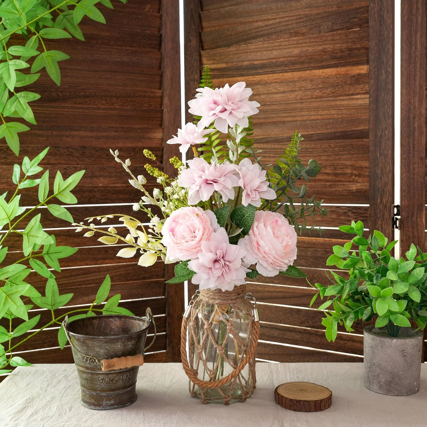 Fake Flowers with Vase – Artificial Light Pink Dahlia Flowers Arrangement, Flora