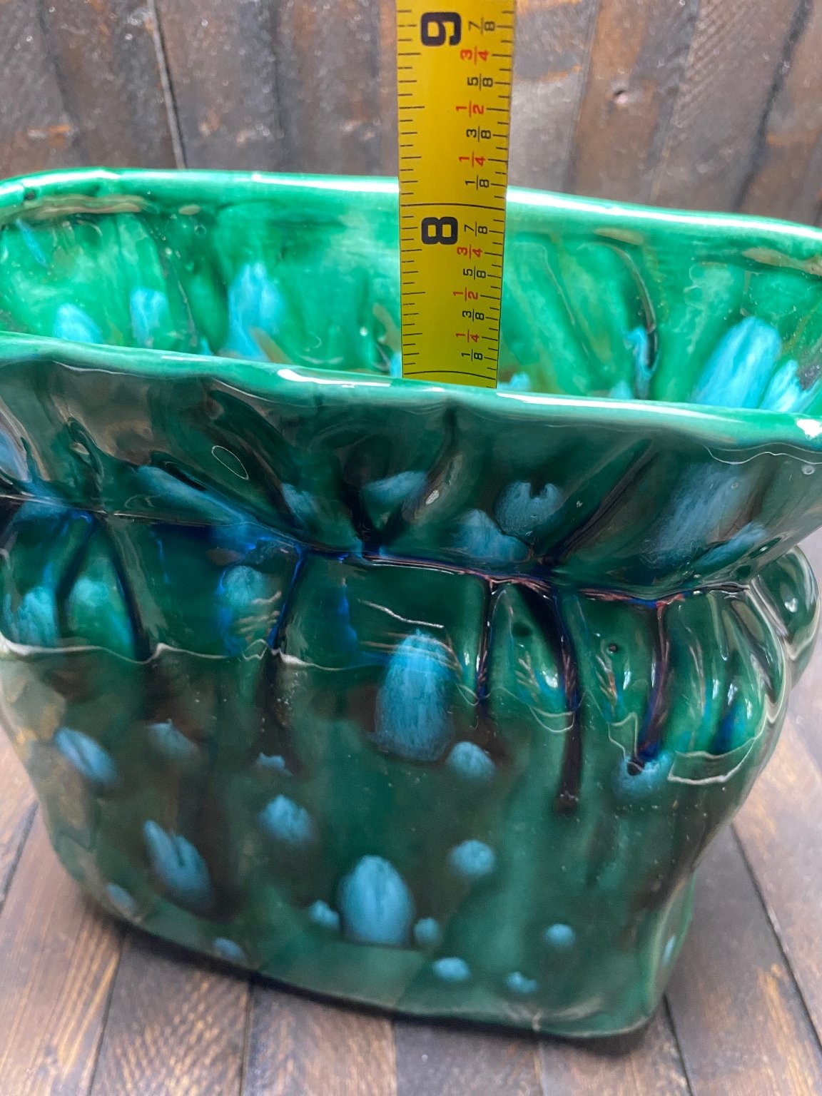 Vintage Ceramic Planter Drip Glaze Mid-Century Modern Vase 1980s Green Blue