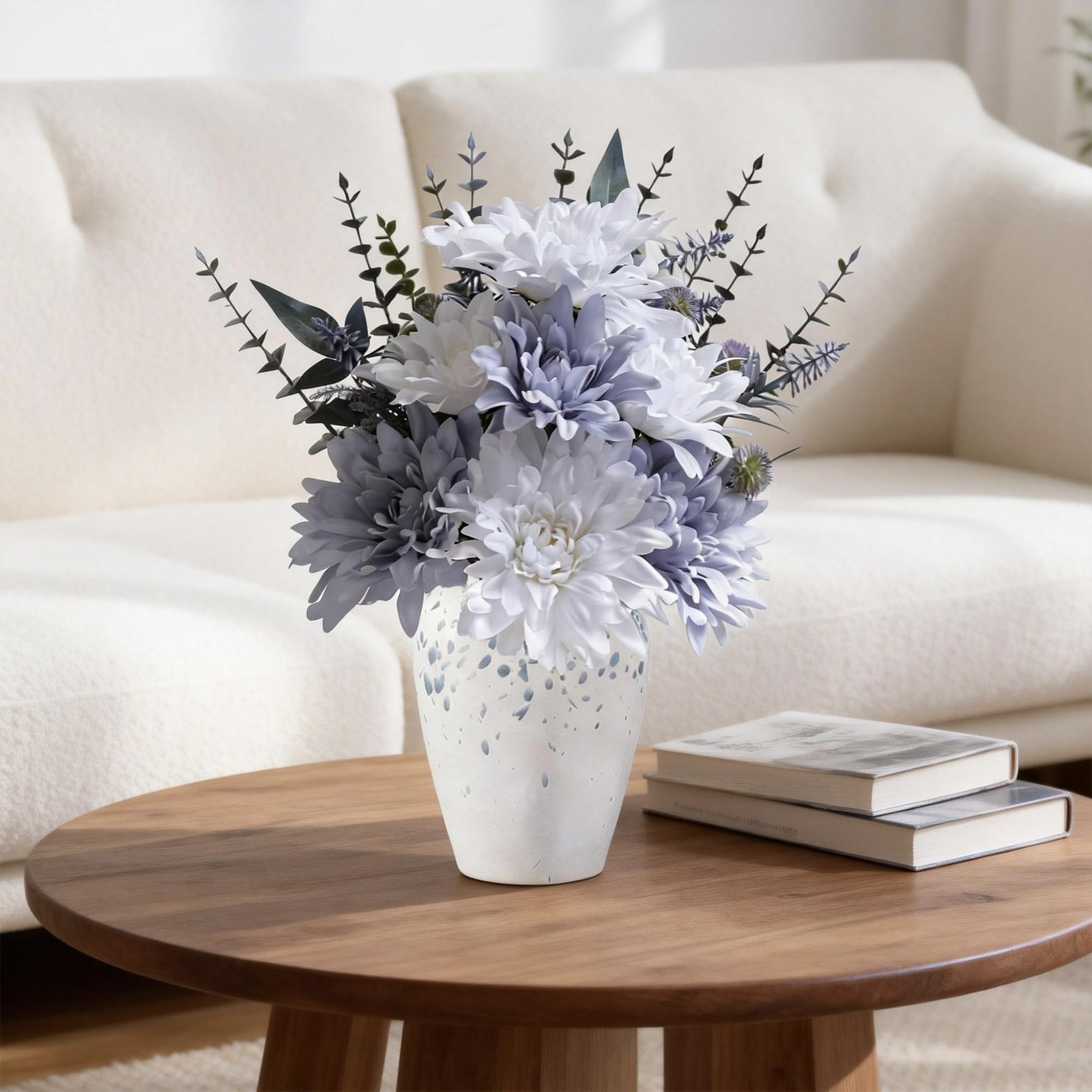 Artificial Dahlia Flower Arrangement with Gray Ceramic Vase, 15” Faux Floral …
