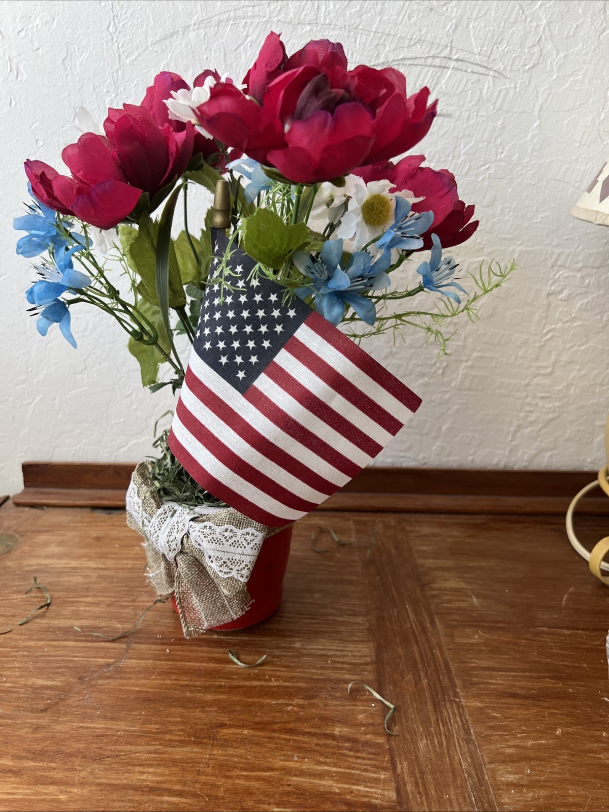 Artificial 13”x10” Flower Bouquet Table Arrangement Patriotic Red White Blue