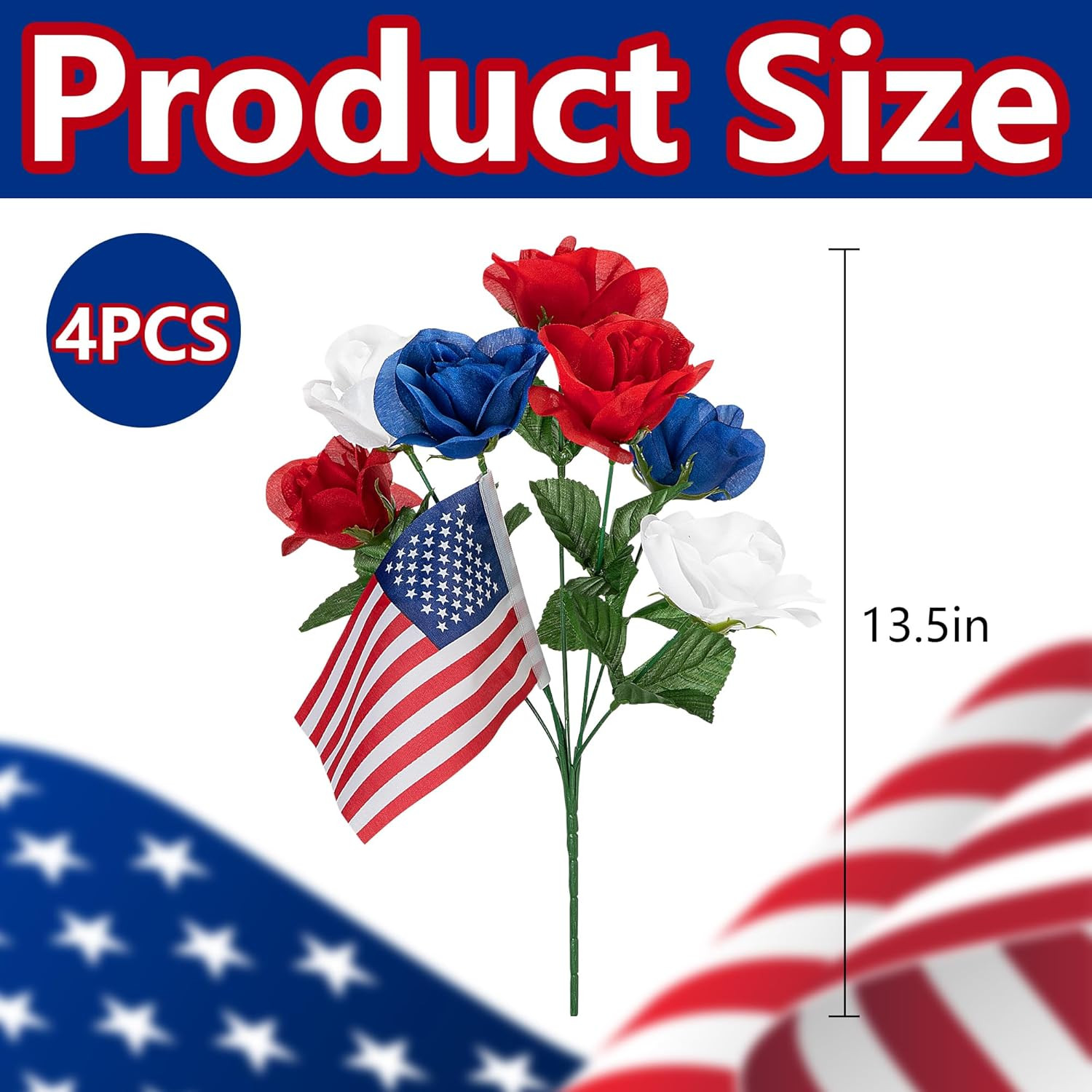 4 Bunches Memorial Day Artificial Flowers, Red Blue White Cemetery Flower with F