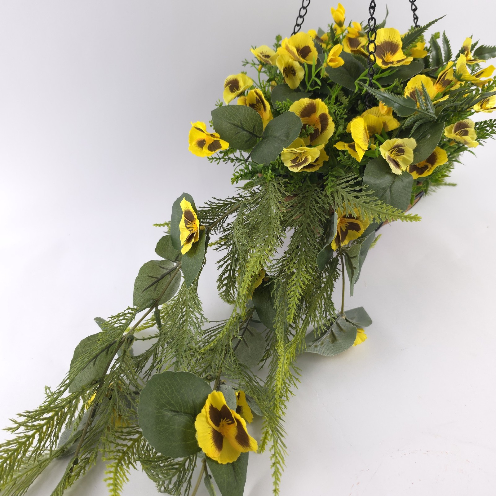 Garden Reflections Cascading Faux Pansy & Fern Hanging Basket Yellow