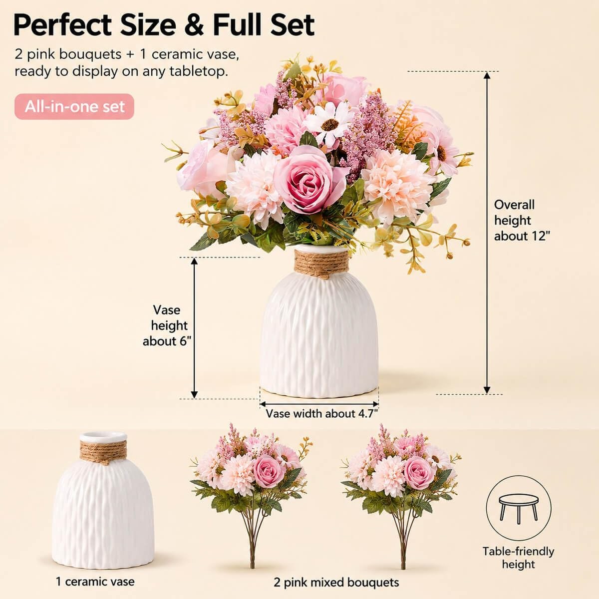 Fake Flowers in Vase, Artificial Pink Flowers in Vase for Decoration Faux Flo…