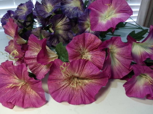 Eight Beautiful Purple and Pink Morning Glory Artificial Fabric Flower Bunches