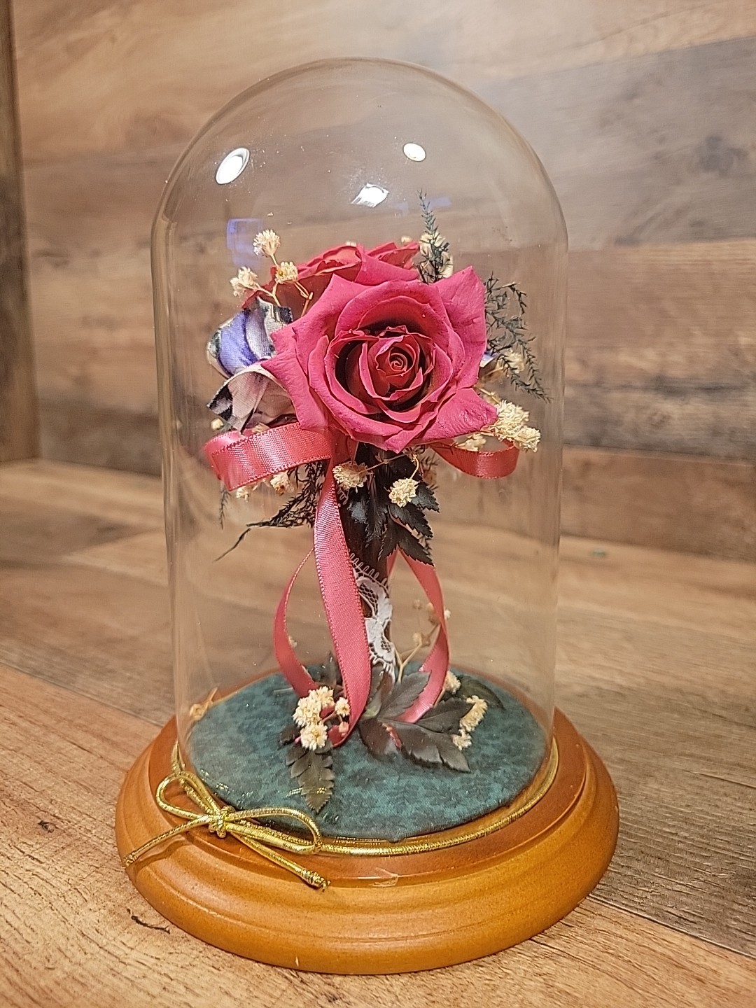 NATURAL EXPRESSIONS Freeze Dried Rose Topiary Under Glass Dome On Wooden Base.