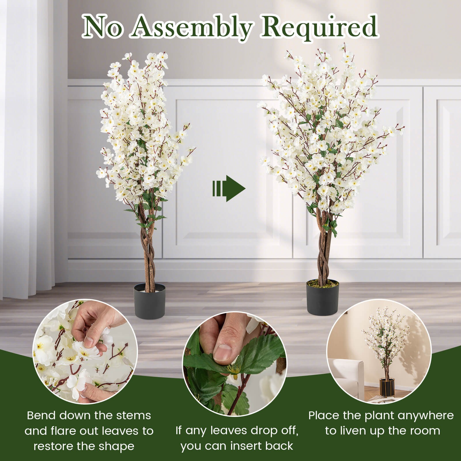 2 PCS 47″ Artificial Winter Sweet Tree Faux Plum Blossom Plant w/White Fabric