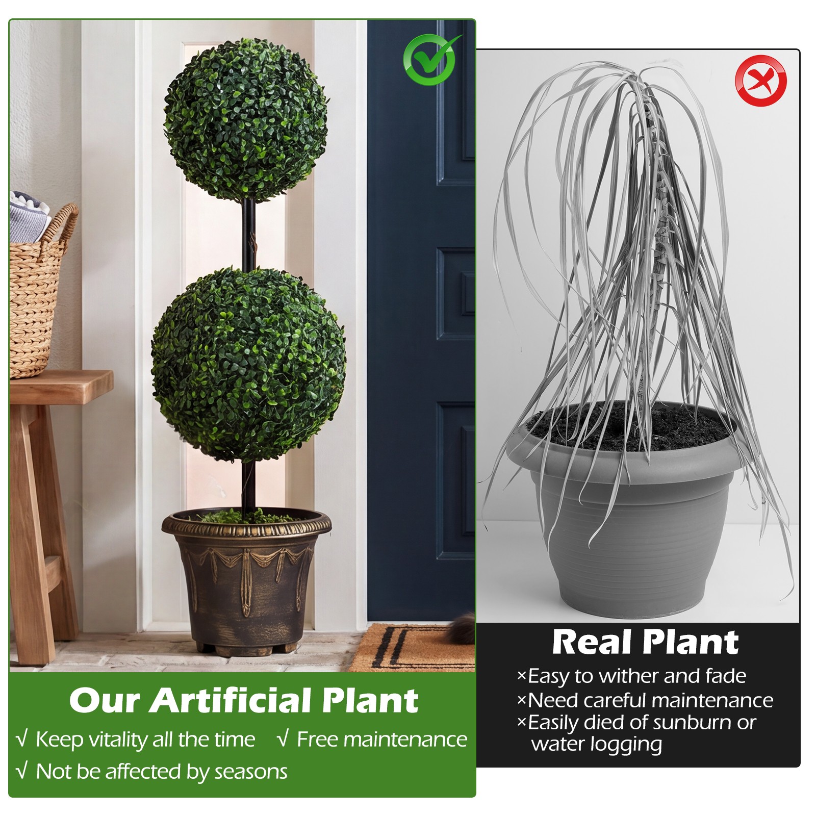 Artificial Boxwood Topiary Tree,Sun-Protective Double Ball Shrubs,Potted Plants