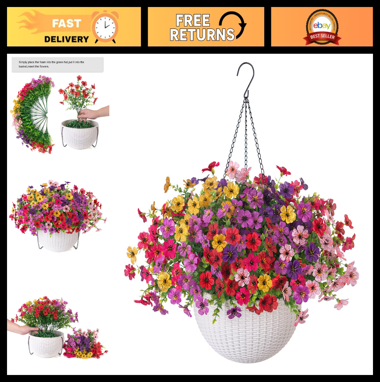Colorful Faux Hanging Flowers Basket – Silk Daisy Plants for Outdoor Patio Garde