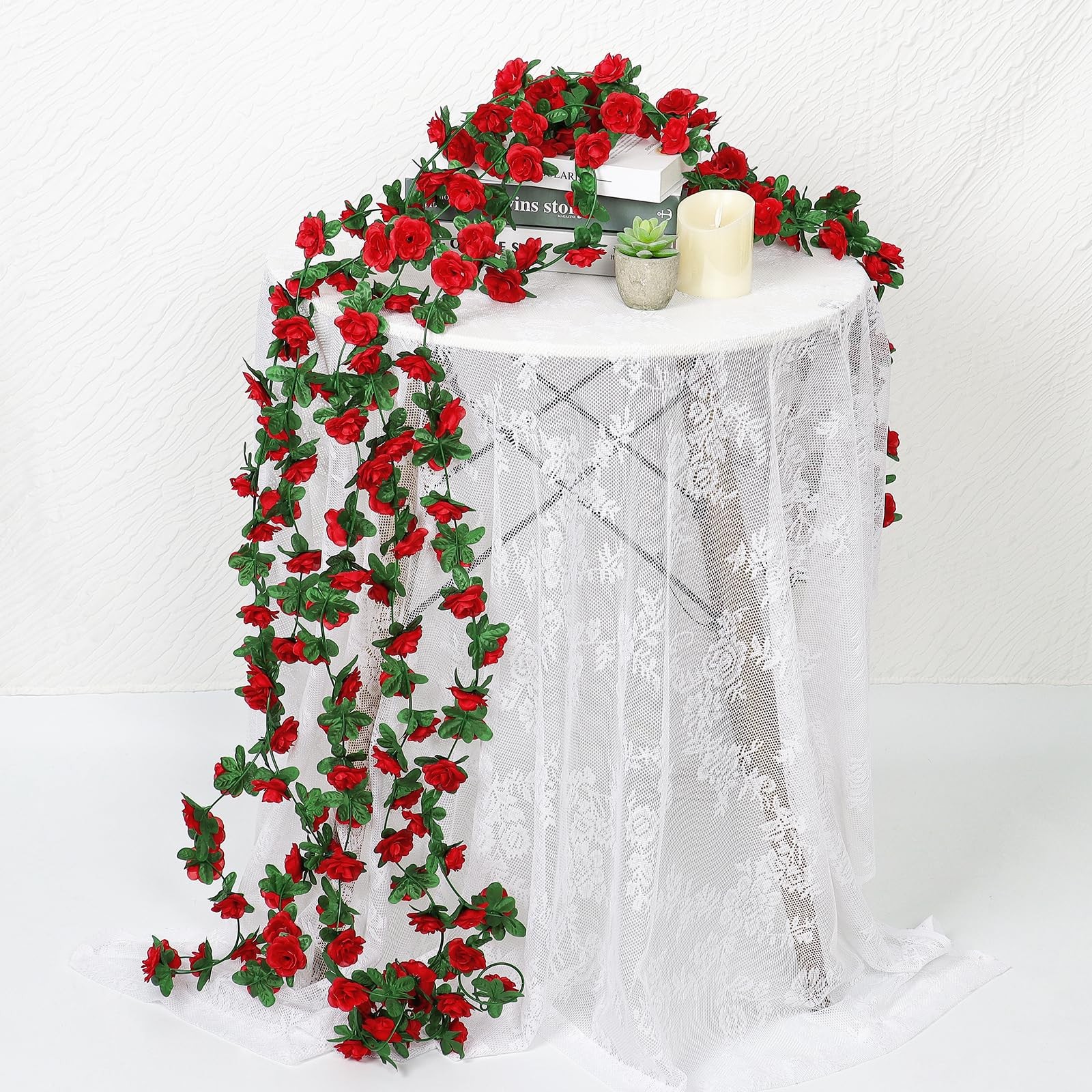 9 Pack 72 FT Artificial Flower Garland, Fake Red Roses Vines Silk Flowers Fau…