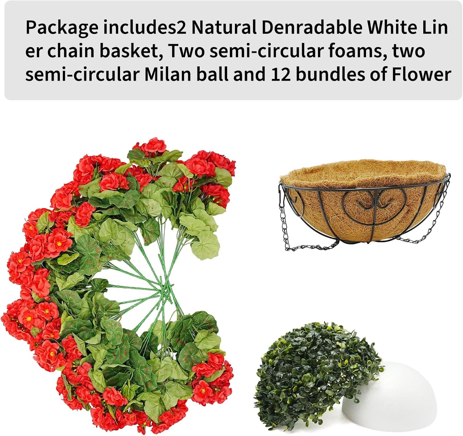 2 x Red Artificial Geranium Hanging Basket,Outdoor Christmas Porch Garden Decor