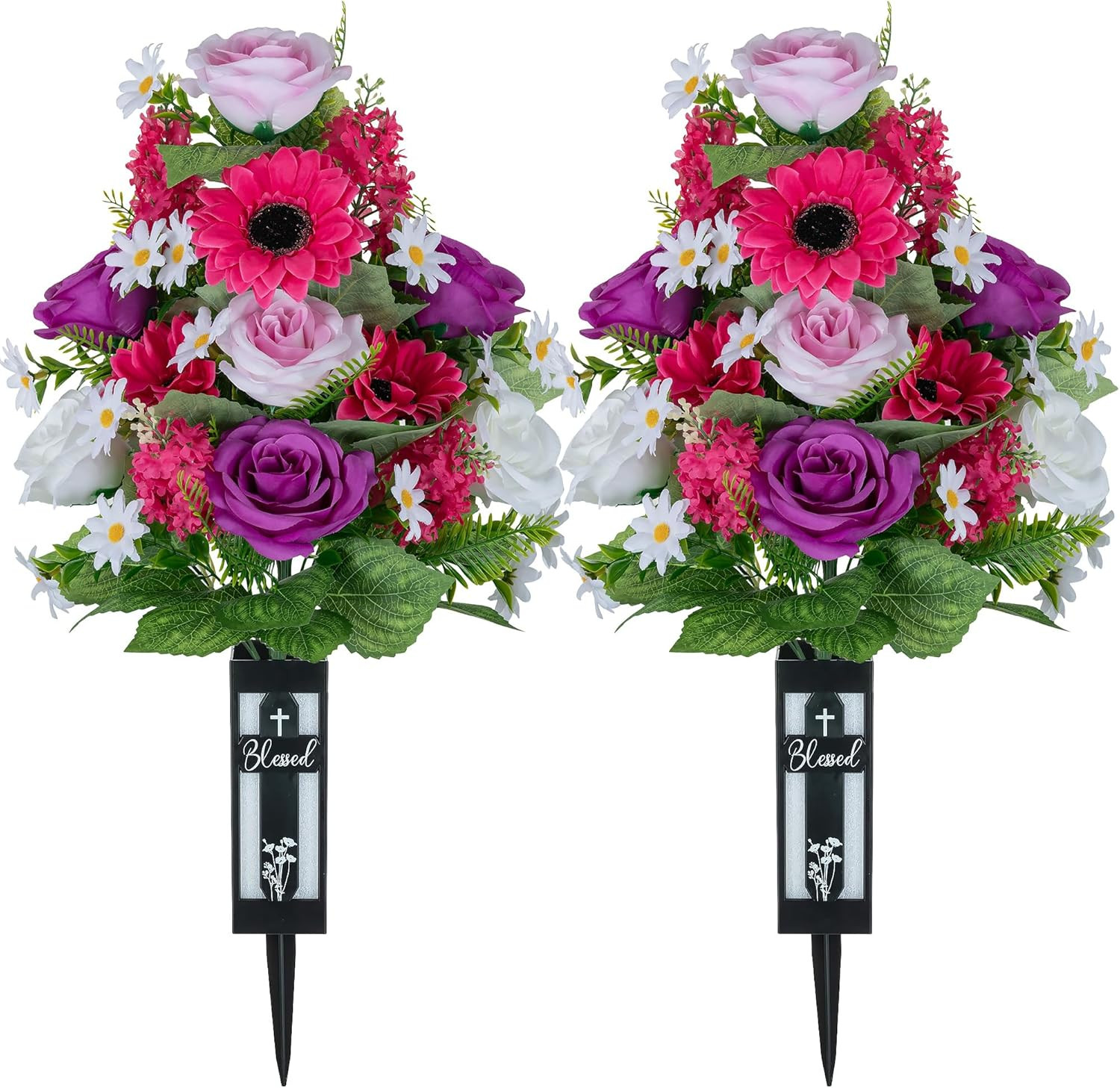 Artificial Cemetery Flowers for Grave: 2 Pcs Yellow White Sunflower Grave Flower