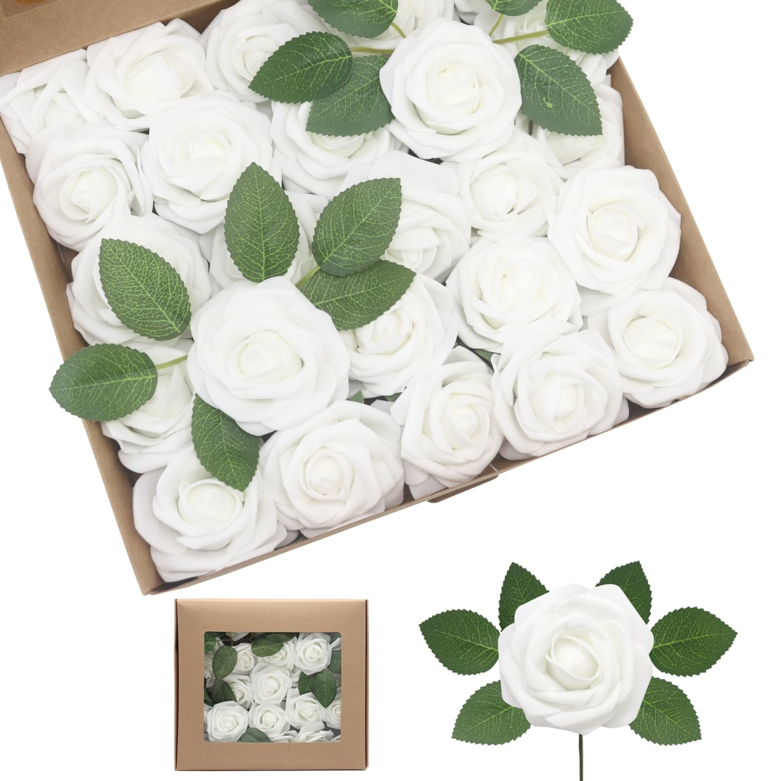 White Artificial Roses Flowers 100pcs Real Looking Foam Fake Roses with Stems…