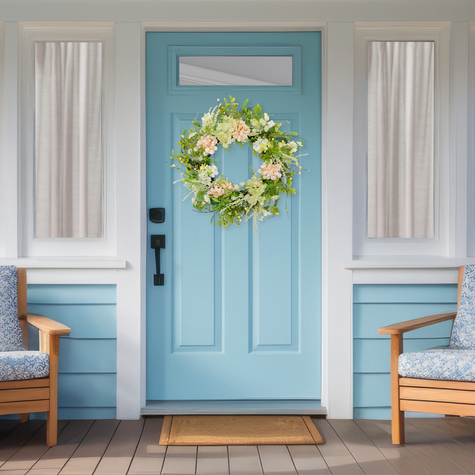 Northlight Hydrangea and Fern Spring Floral Berry Wreath, Green and Pink 28-Inch