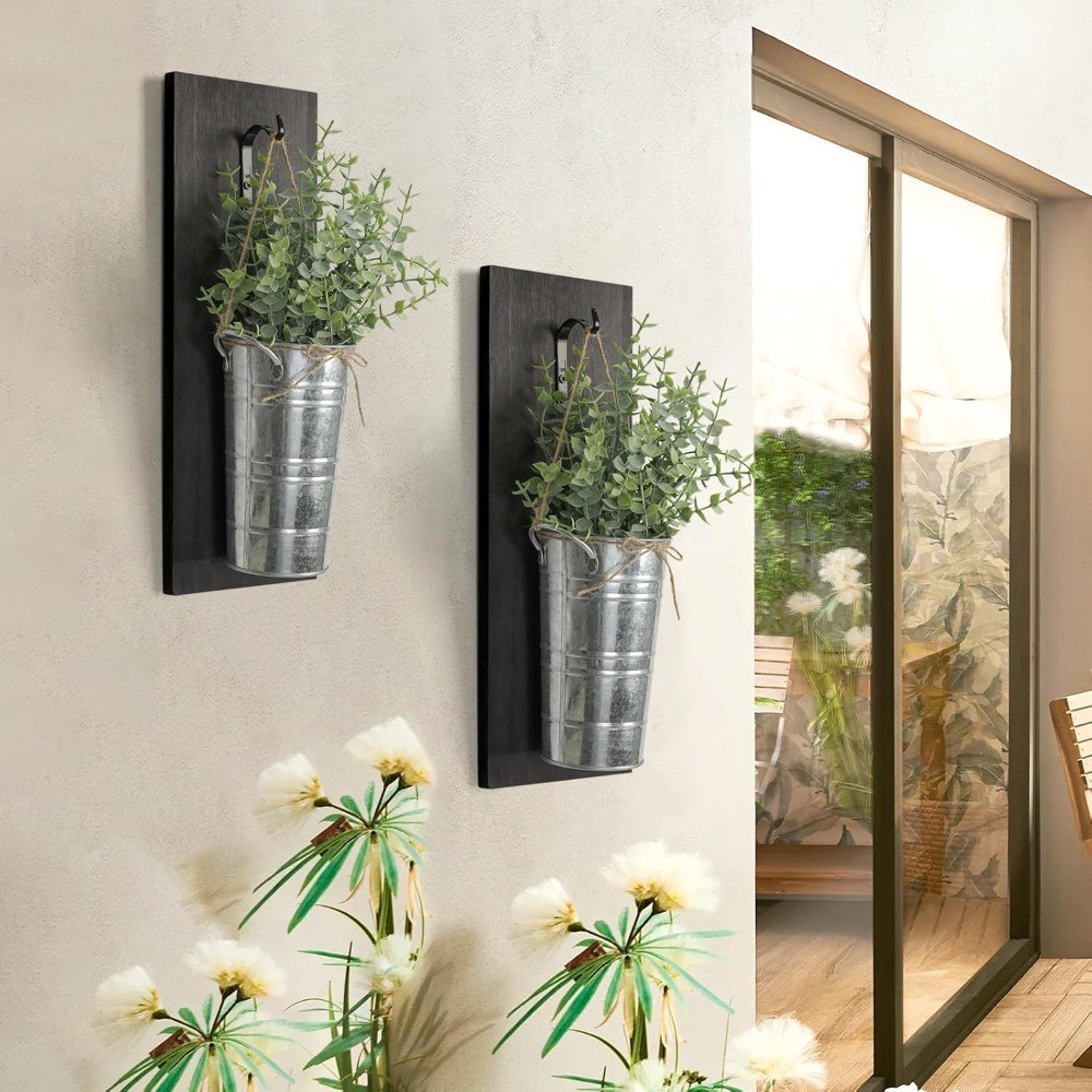 Set of 2 Wood Hanging Planters with Artificial Eucalyptus, Wall Decor