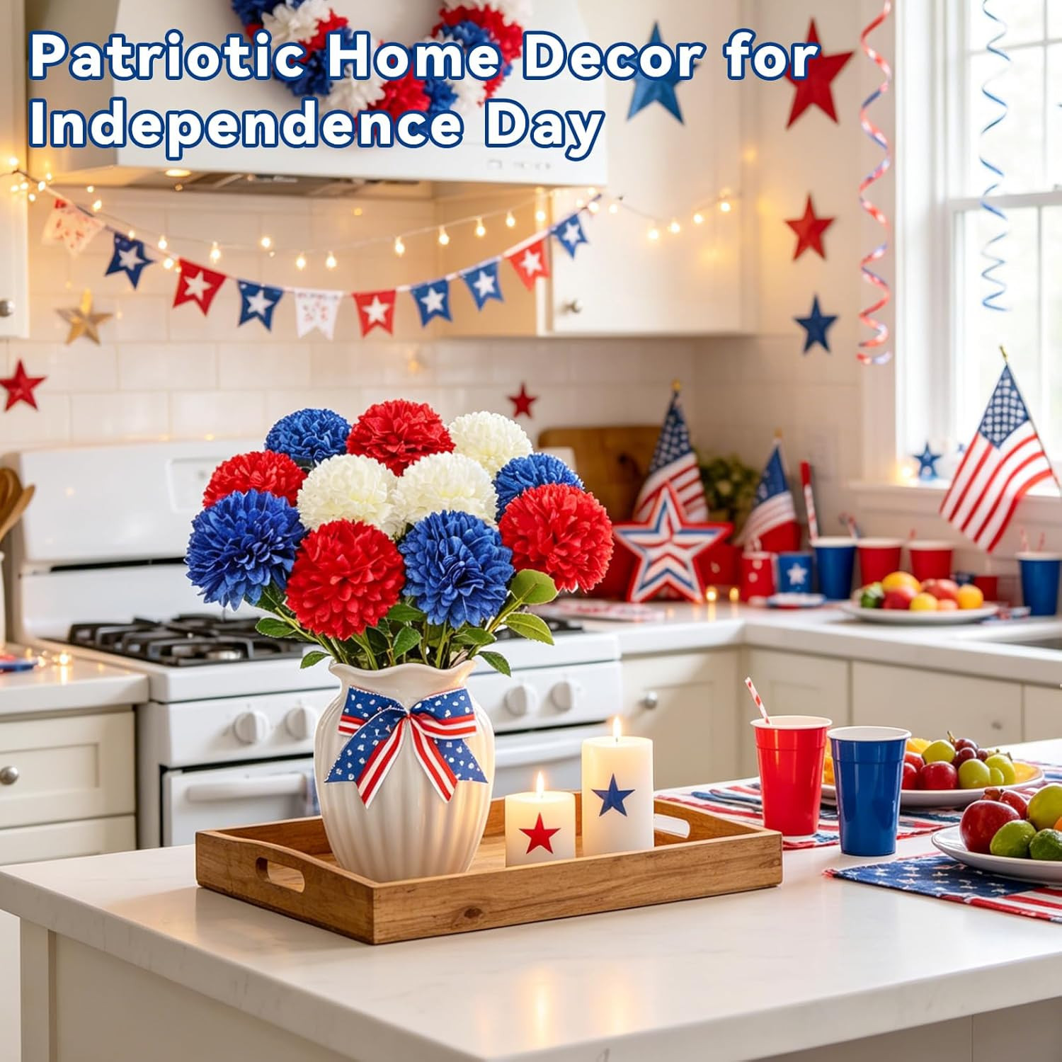 12 Pcs Artificial Chrysanthemums Flowers Patriotic Flower, 4Th of July Fake Mums