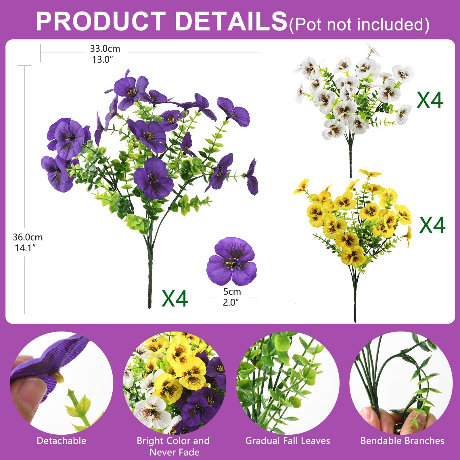 Artificial Fake Pansy Flowers for Outdoors, 12 Pcs Faux Silk Pansies Flower f…