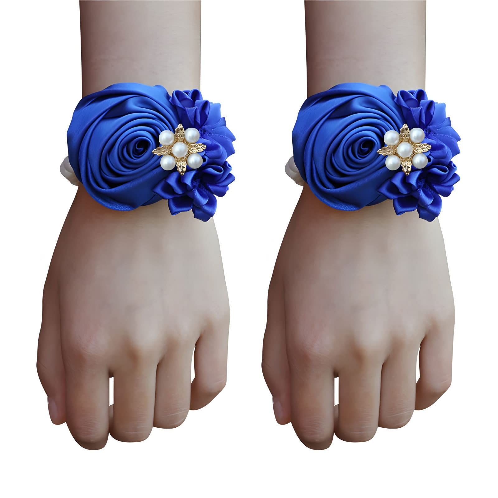 2 PCS Blue Satin Rose Bridal Wrist Corsage Set Hand Flower Wedding Bridesmaid