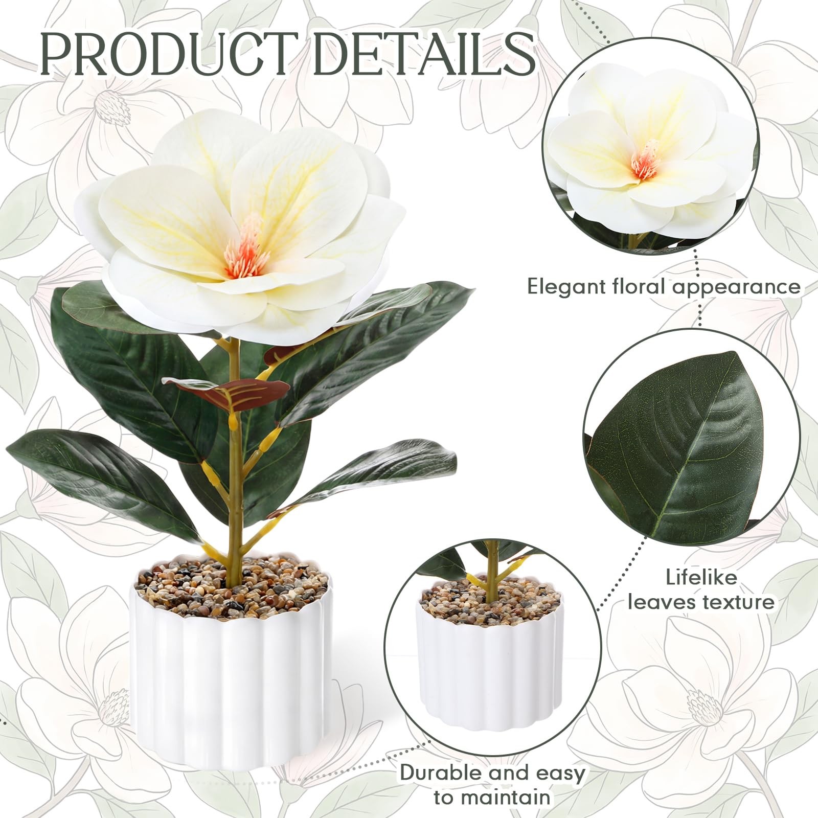 2 Pack 10.6″ Artificial Magnolia Flowers Potted Plant Real to Touch White Mag…