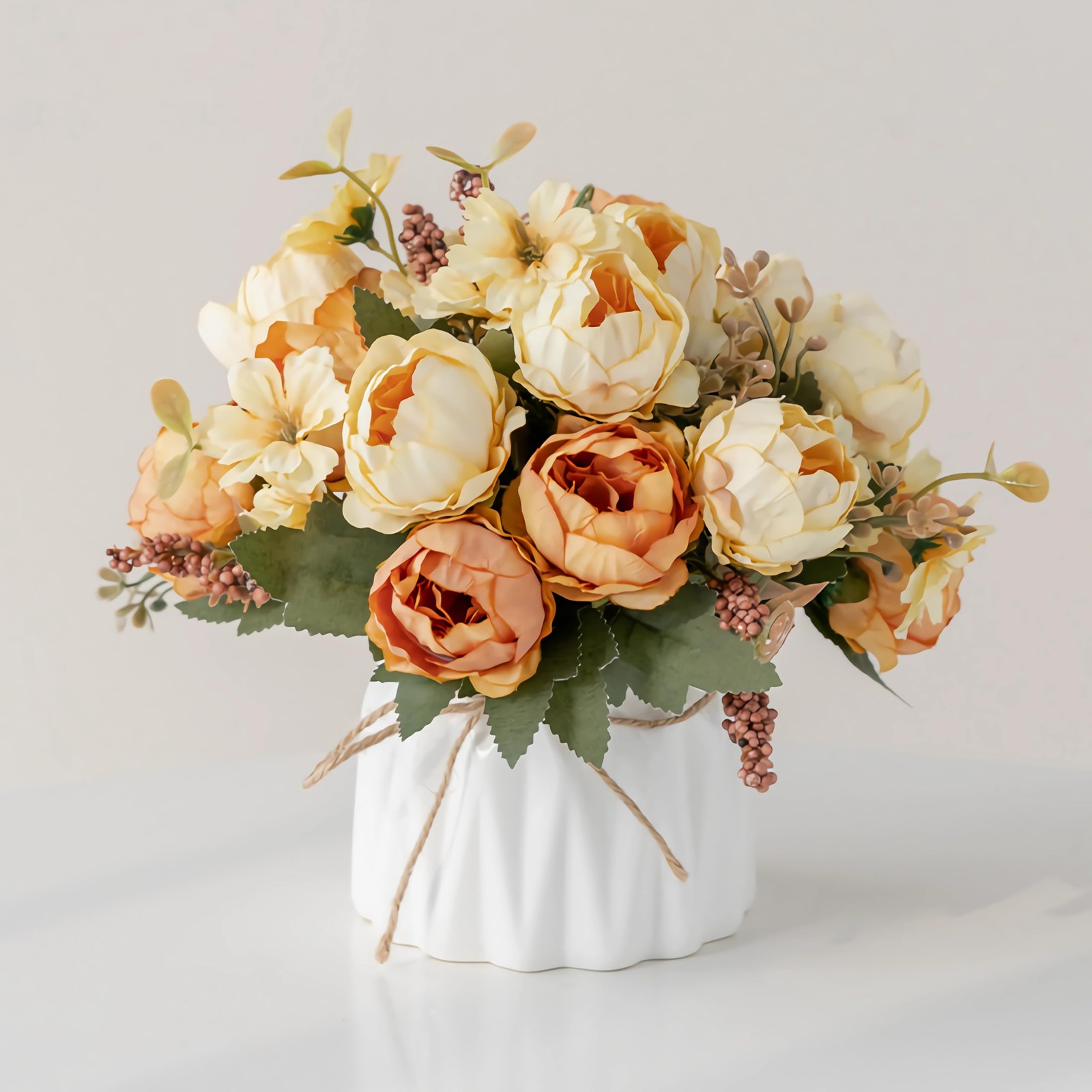 Fake Flowers Vase Small Artificial Silk Ceramic Faux Arrangement Peony Yellow