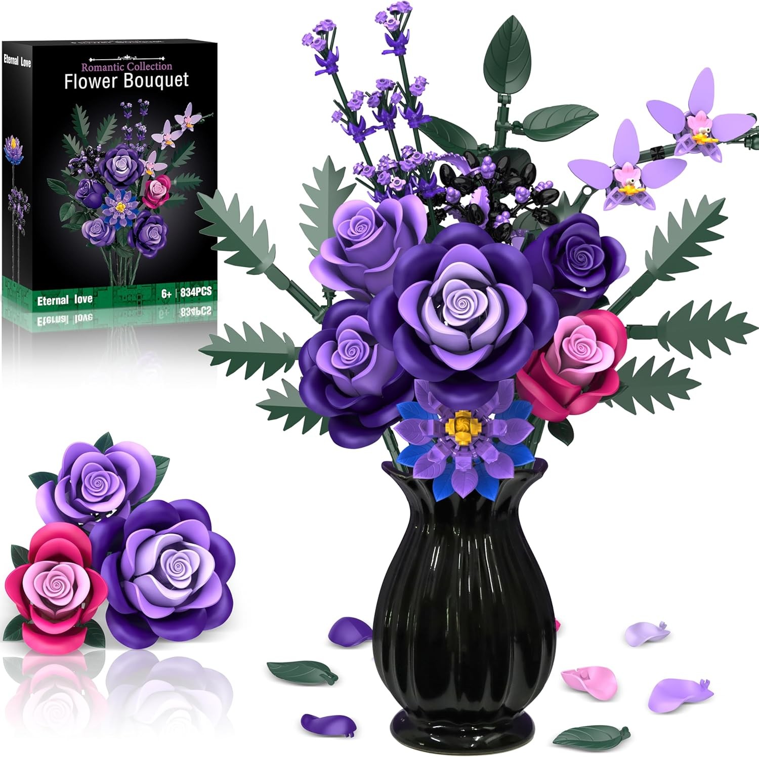 Purple Roses Flower Bouquet Building Sets, 834PCS Artificial Flowers Botanical C