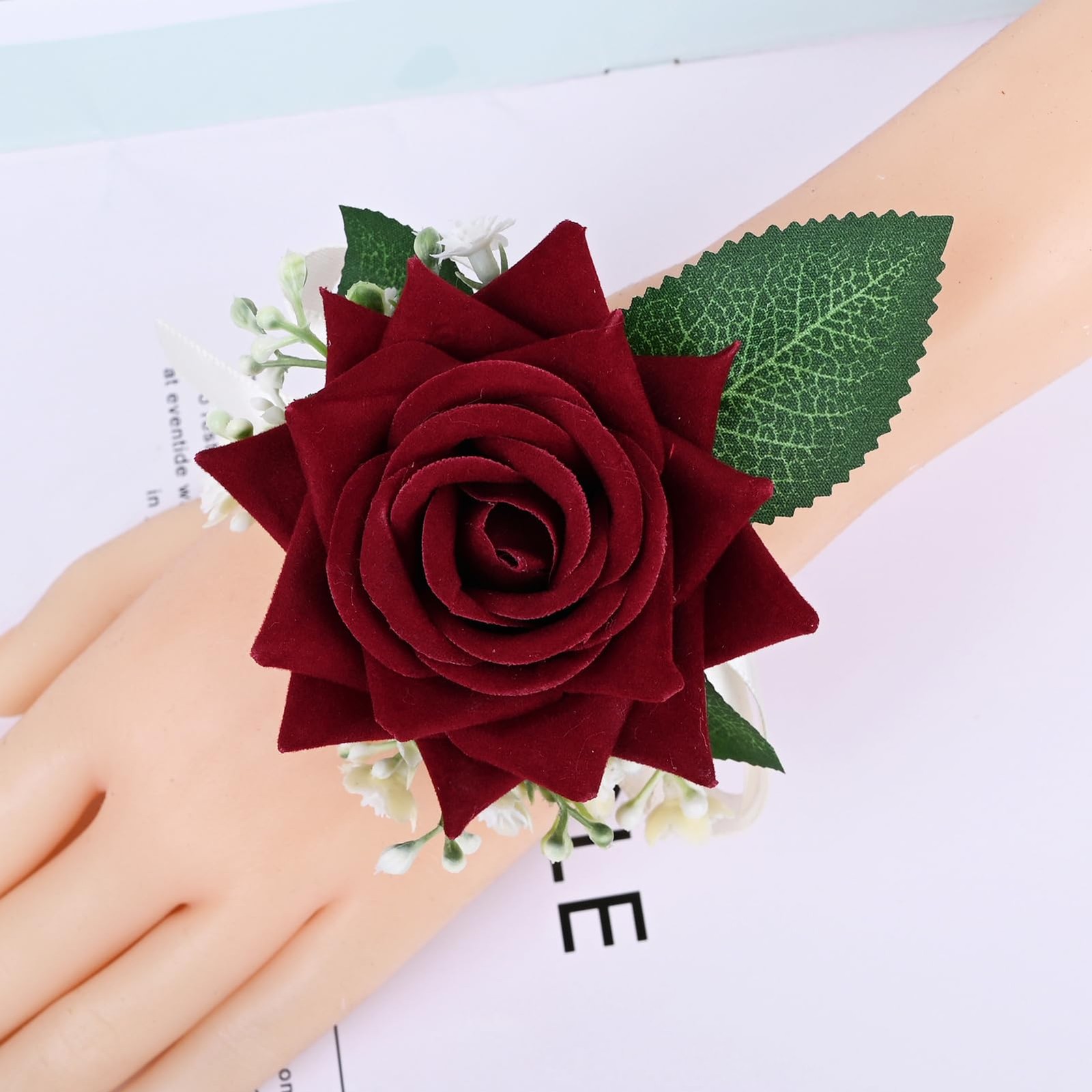 2 Pieces Boutonniere Wrist Corsage Set Artificial Rose Flowers Burgundy White