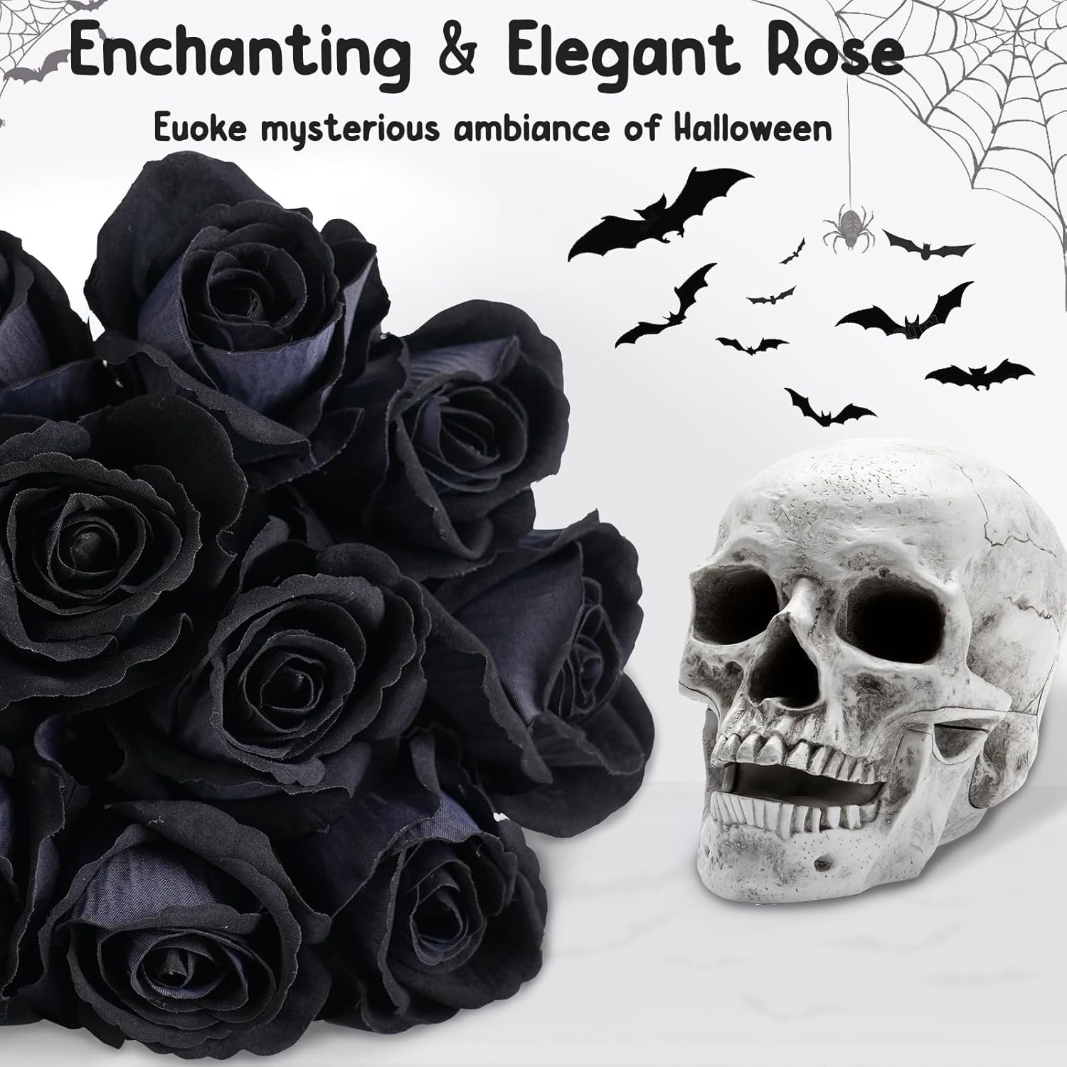 12 Pcs Black Roses Artificial Flowers with Long Stem, Faux Silk Rose Bouquet Rea