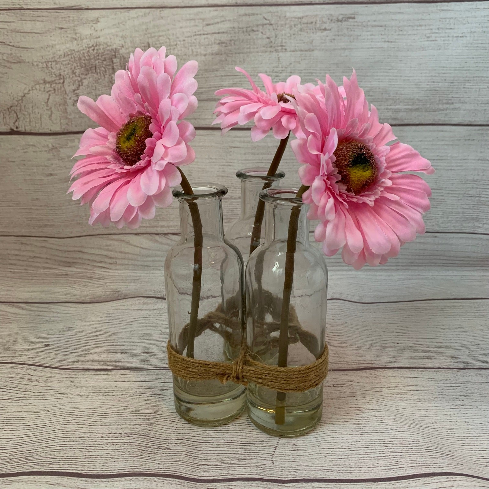 Artificial Pink Gerbera Daisies in Bottles and Twine String Faux Glued Water 9″H