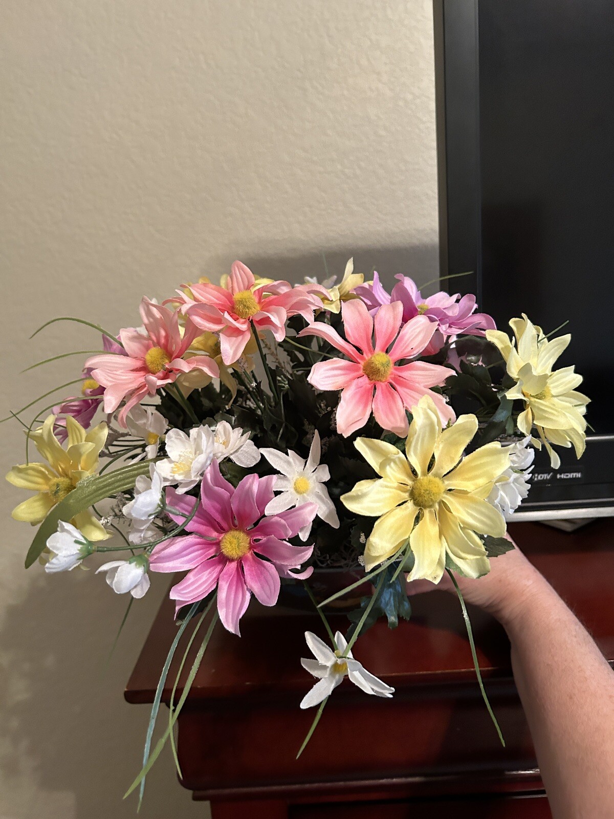 Spring Flower Arrangement in a Silver Metal Canister with Flower and Bee Motif