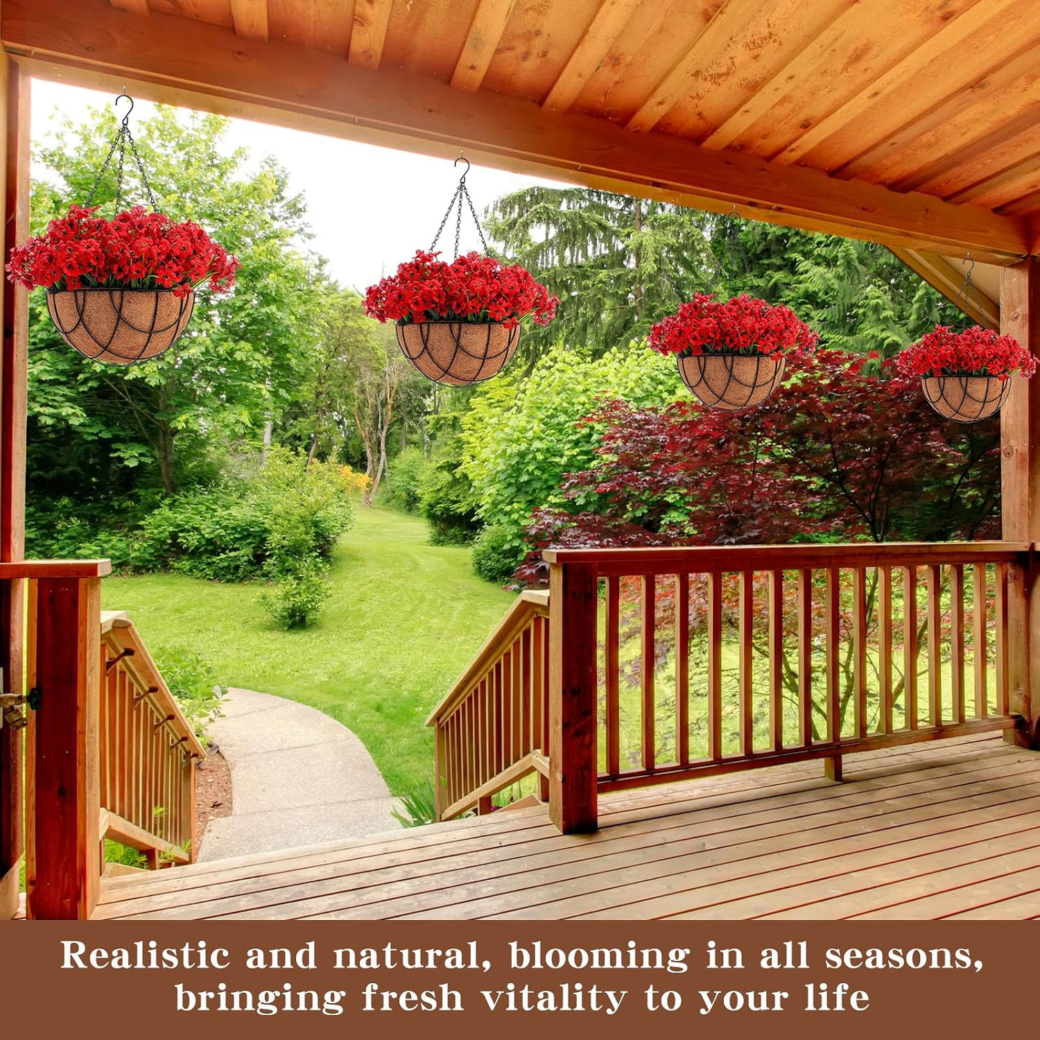 4 Pack Faux Orchid Hanging Flower Baskets for Outdoor Decor – Red
