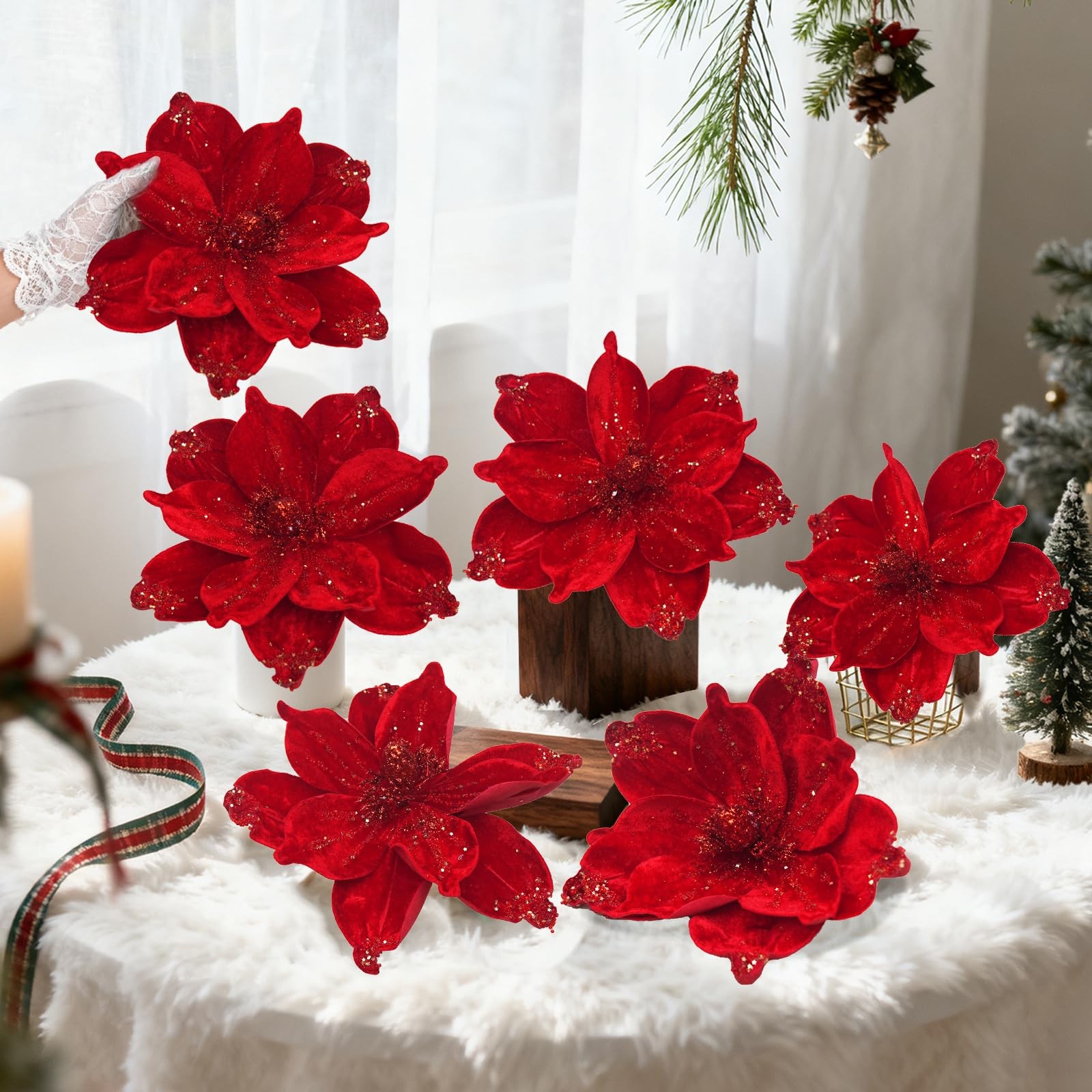 Magnolia Glitter Flowers 6PCS Single Stem Christmas Flowers for Home Table Fe…