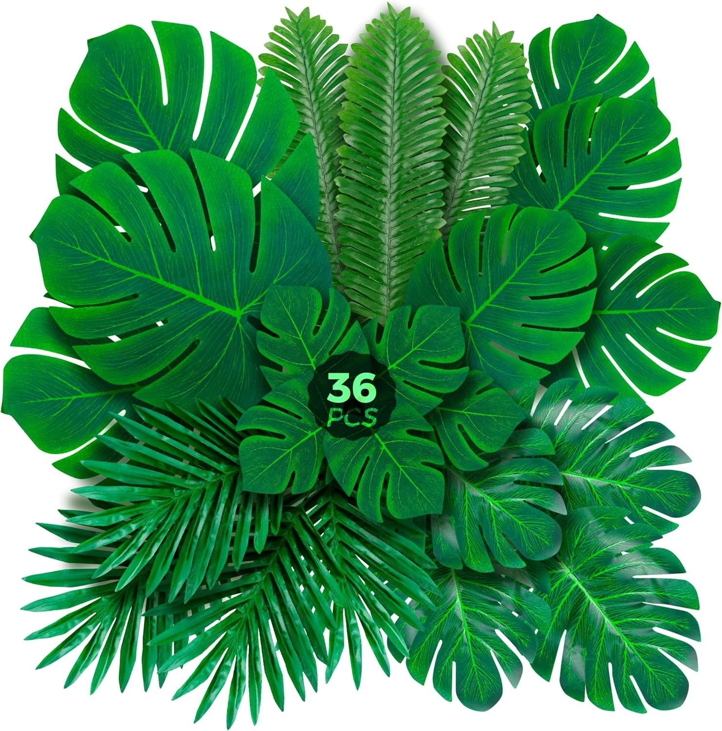Palm Leaves Artificial Tropical Monstera 36Pack 6 Kinds Large Small Green Fak…