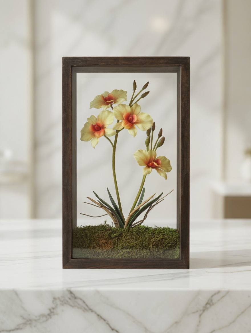 Vintage 3D Orchid Shadow Box Floral Wall/Table Decor 1980s Retro Frame