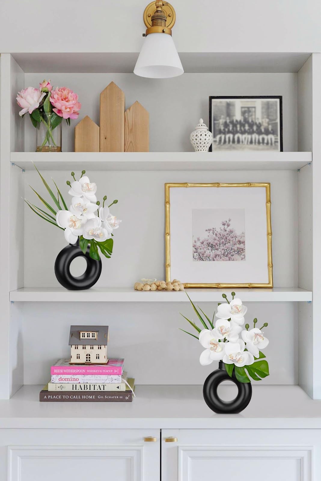 2 PCS White Artificial Orchid Silk Flowers In Black Pot Home Table Centerpiece