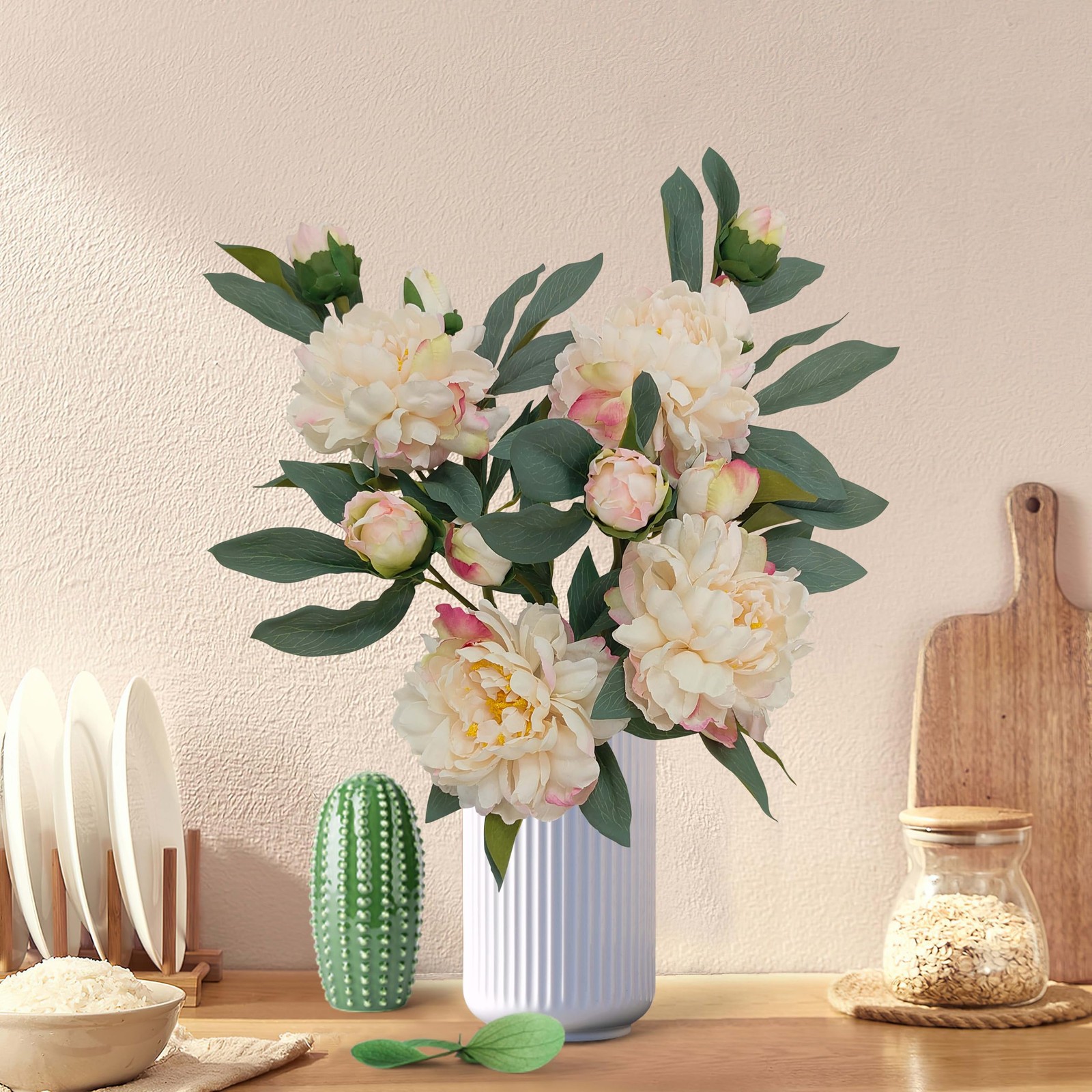 Ivory White Peonies Artificial Flowers,4 Pcs Fake Silk Peonies with Stems Rea…